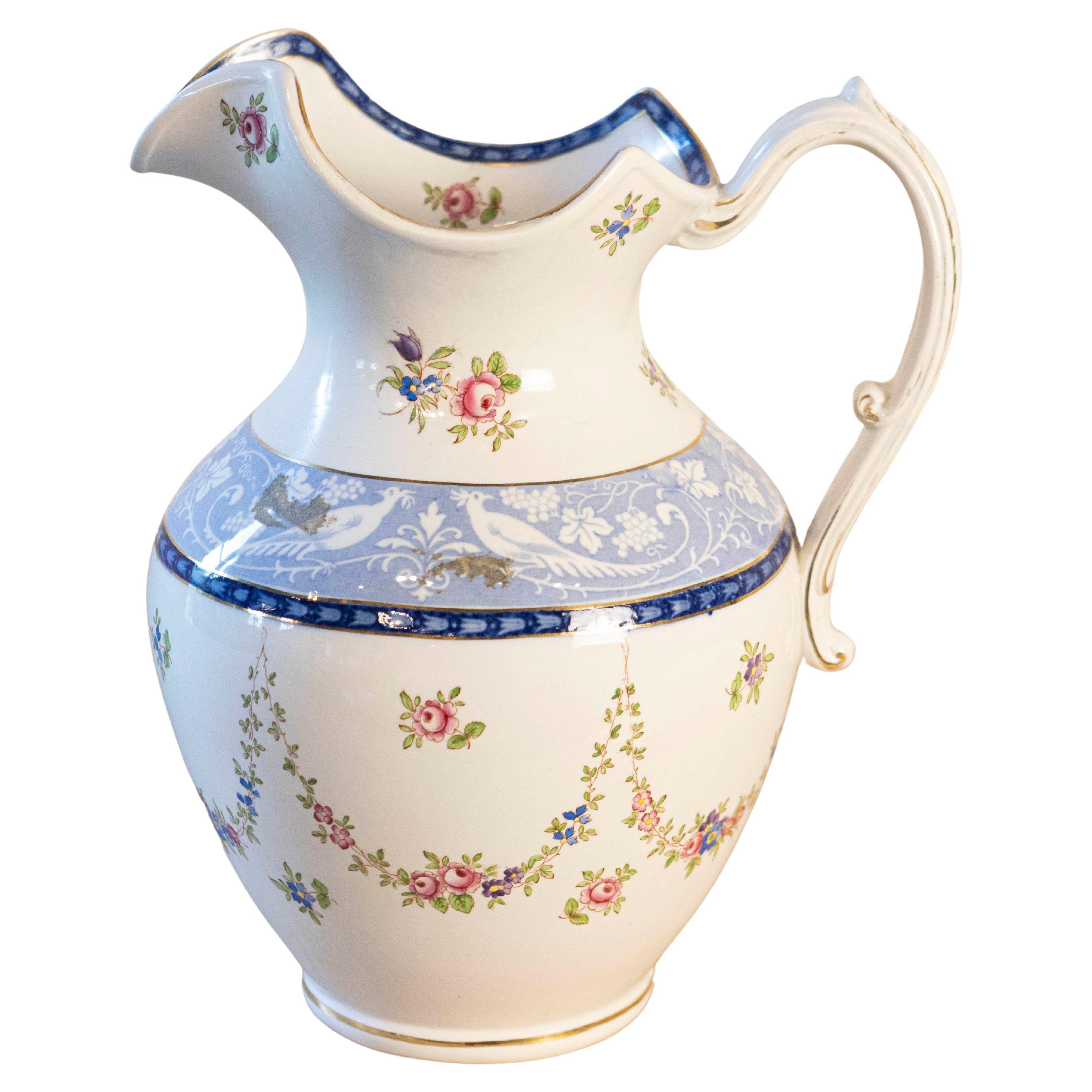 English Booth's China Pitcher with Pink Roses and Blue and White Pheasants