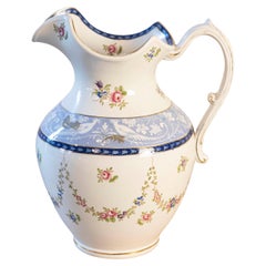 English Booth's China Pitcher with Pink Roses and Blue and White Pheasants