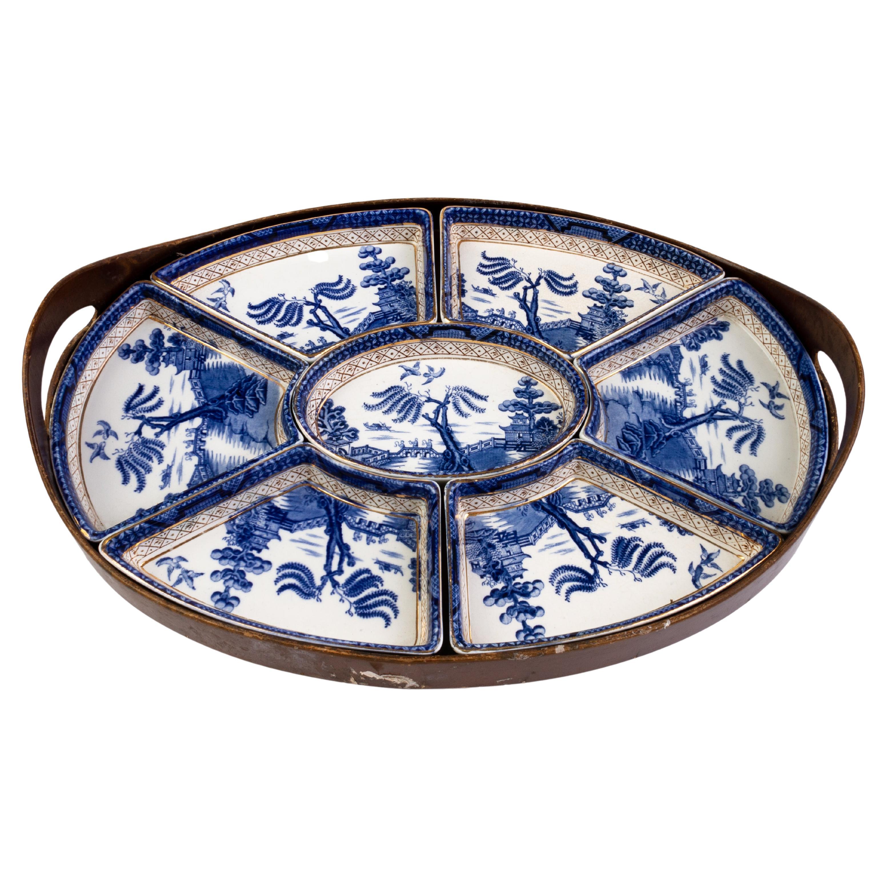 English Booths Real Old Willow Blue & White Porcelain Dish Serving Table Tray  For Sale