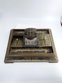 English Boulle and Brass Tortoushell Inkwell, Circa 1900
