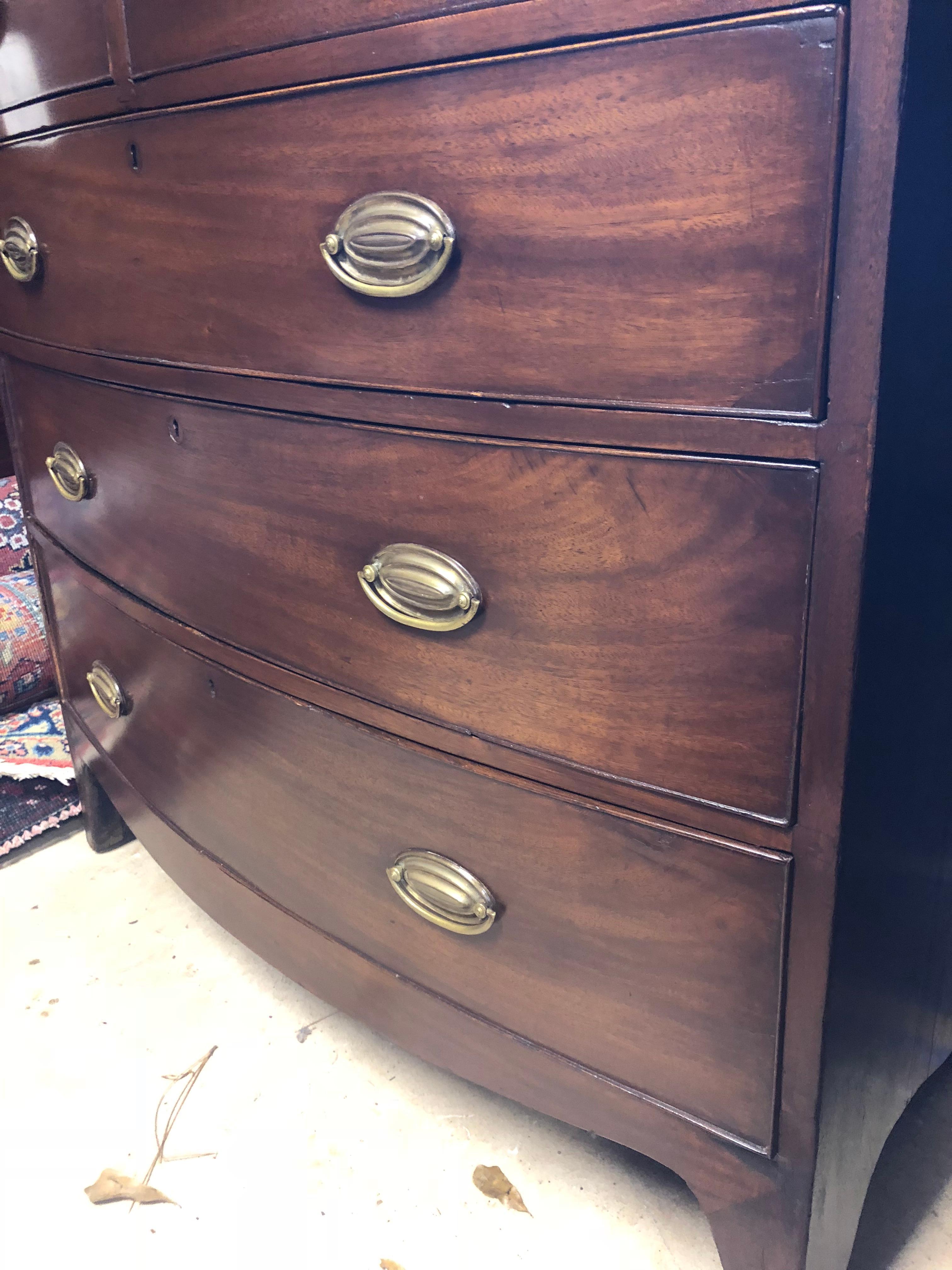 19th Century English Regency Mahogany Bow Front Chest with Brass Ovals For Sale
