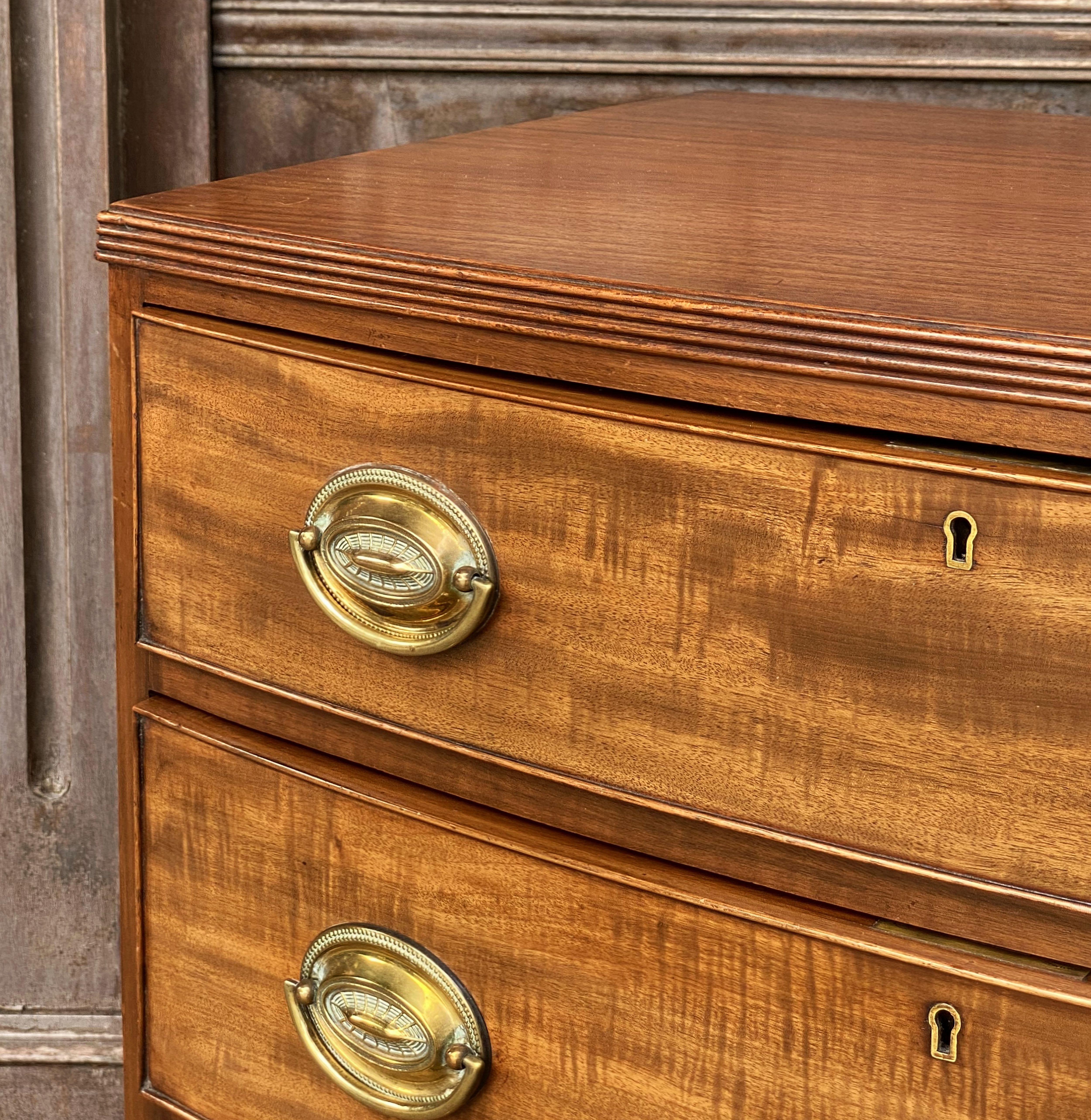 19th Century English Bow Front Chest of Flame Cut Mahogany