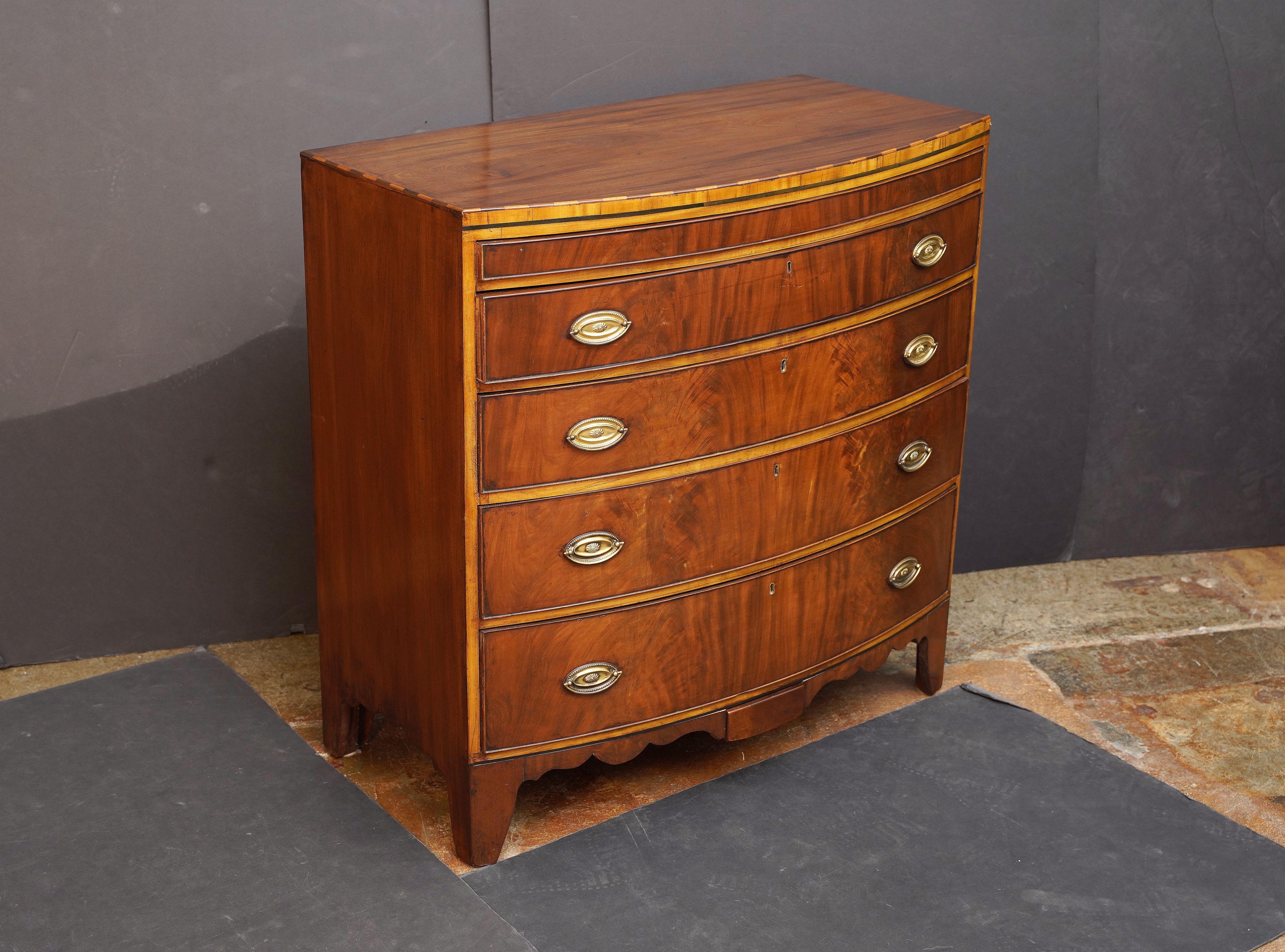 Georgian English Bow Front Chest of Inlaid Mahogany with Secret Drawers