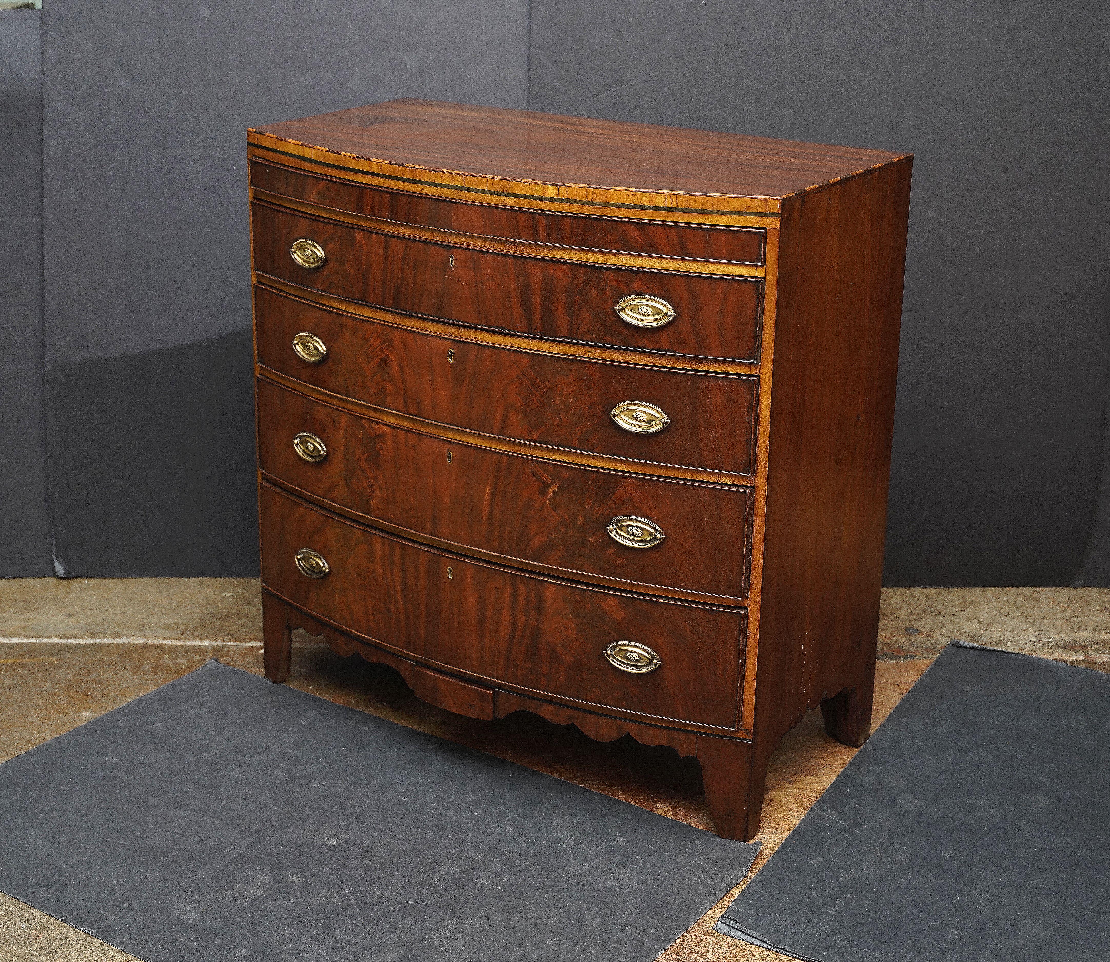 Inlay English Bow Front Chest of Inlaid Mahogany with Secret Drawers For Sale