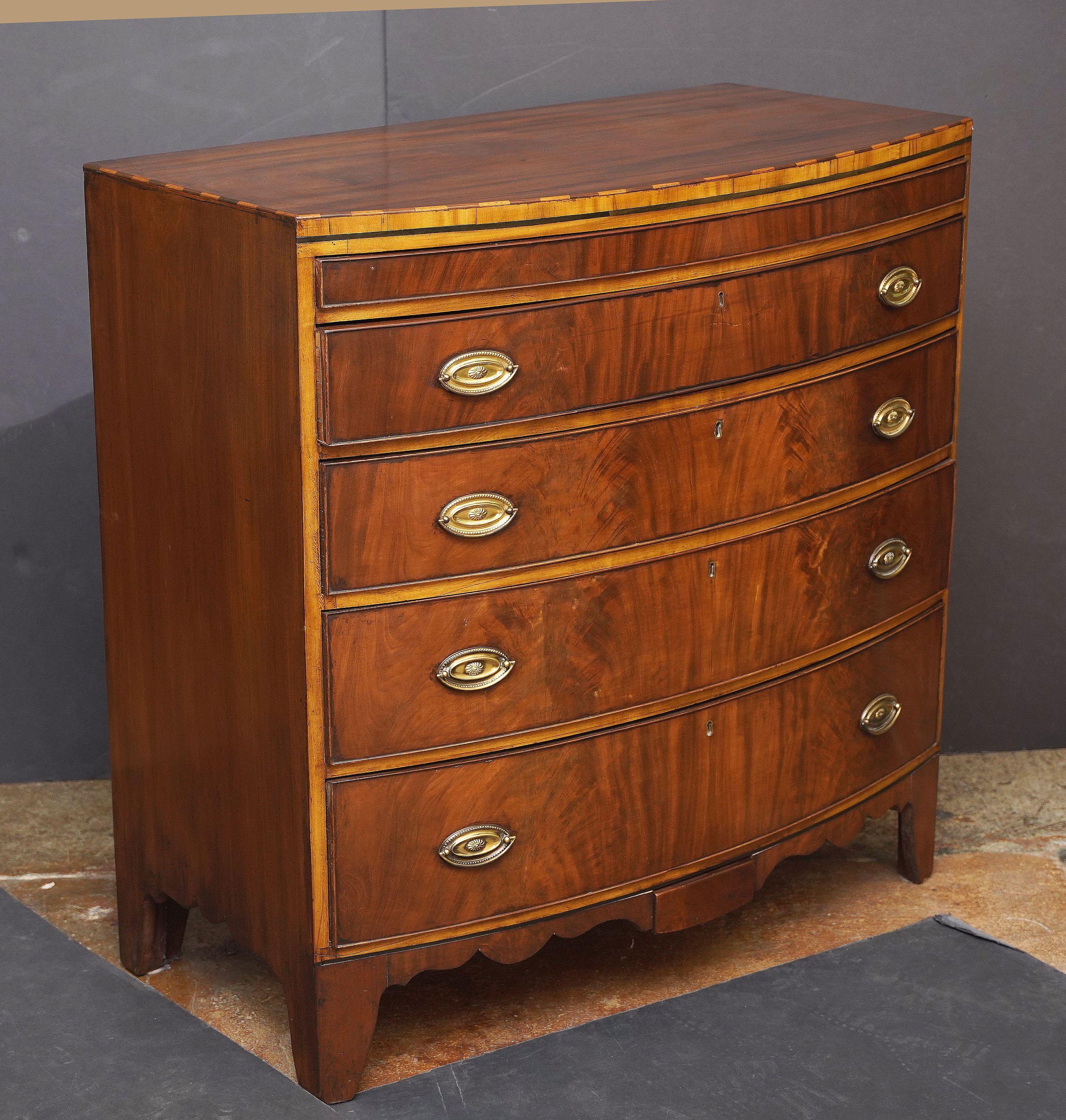 English Bow Front Chest of Inlaid Mahogany with Secret Drawers In Good Condition In Austin, TX