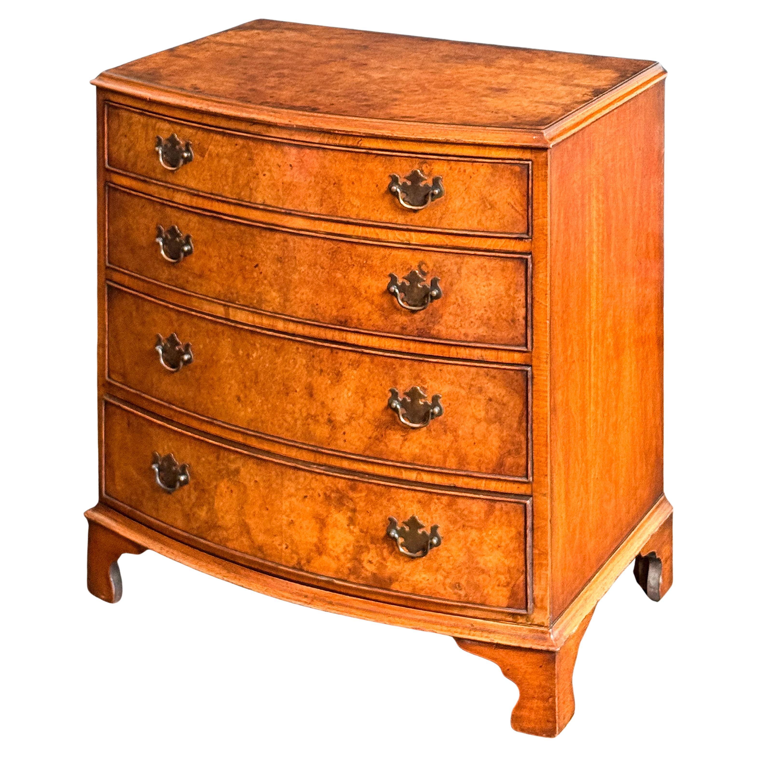 English Bow Front Small Chest of Burr Walnut with Four Drawers