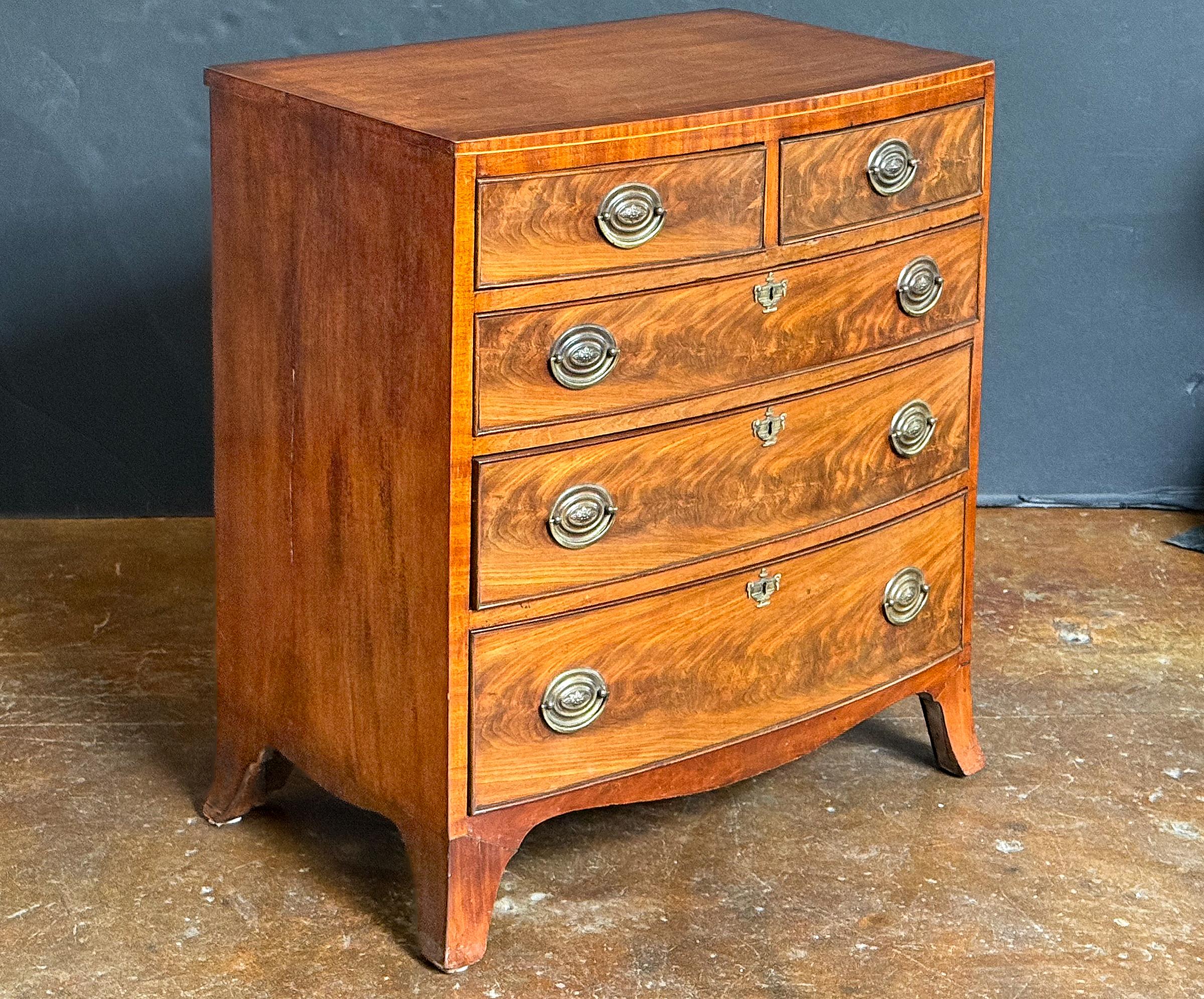 Pregevole cassettiera o comò da letto inglese in mogano del XIX secolo, con piano ad arco con intarsio decorativo lungo il perimetro, sopra un fregio di due piccoli cassetti perlinati e tre cassetti lunghi graduati perlinati, con impiallacciature in