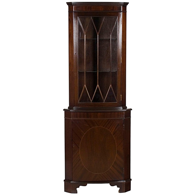 English Bow Front Tall Narrow Corner Cupboard at 1stDibs