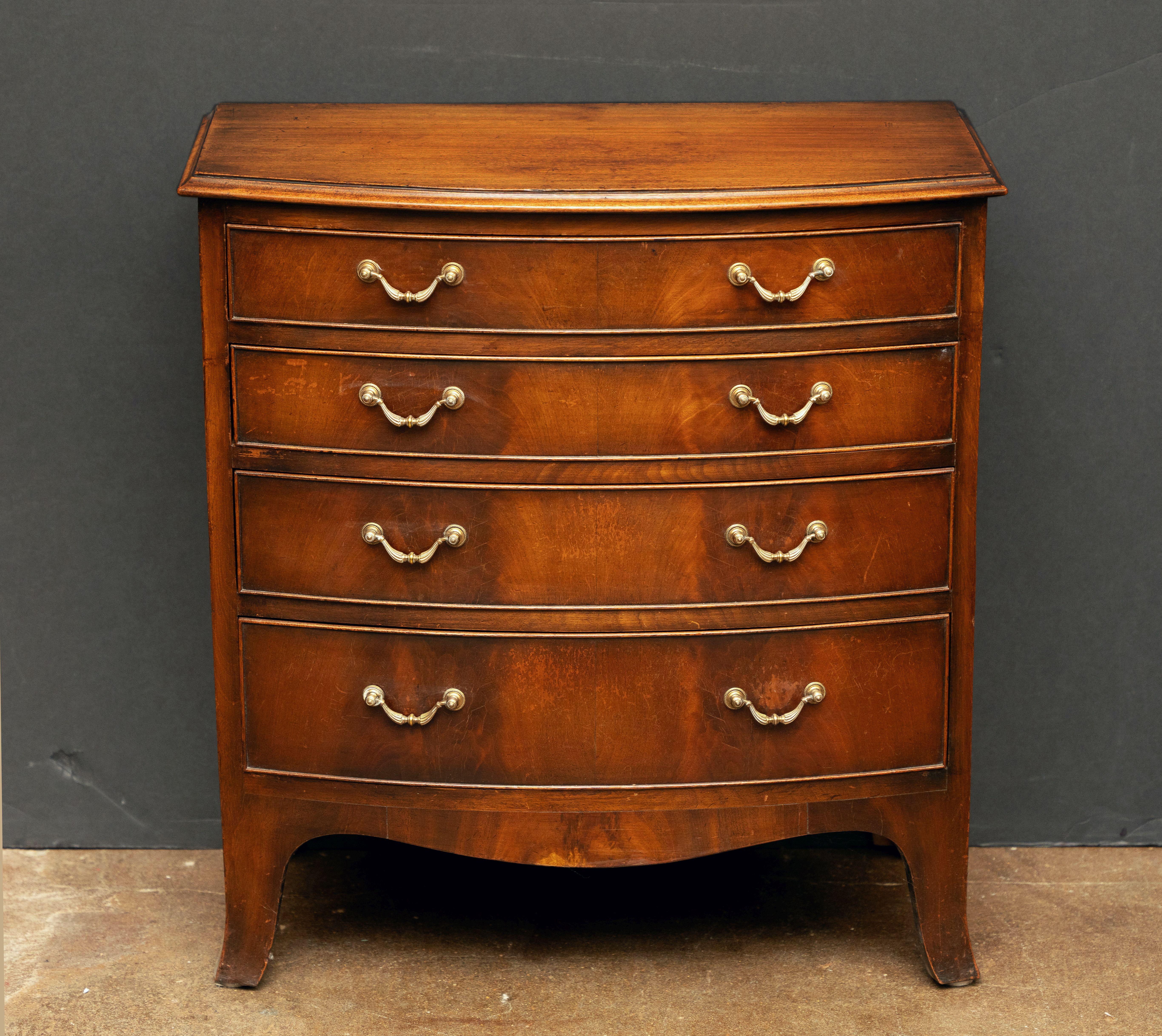 Edwardian English Bow Fronted Small Chest of Mahogany with Four Drawers For Sale
