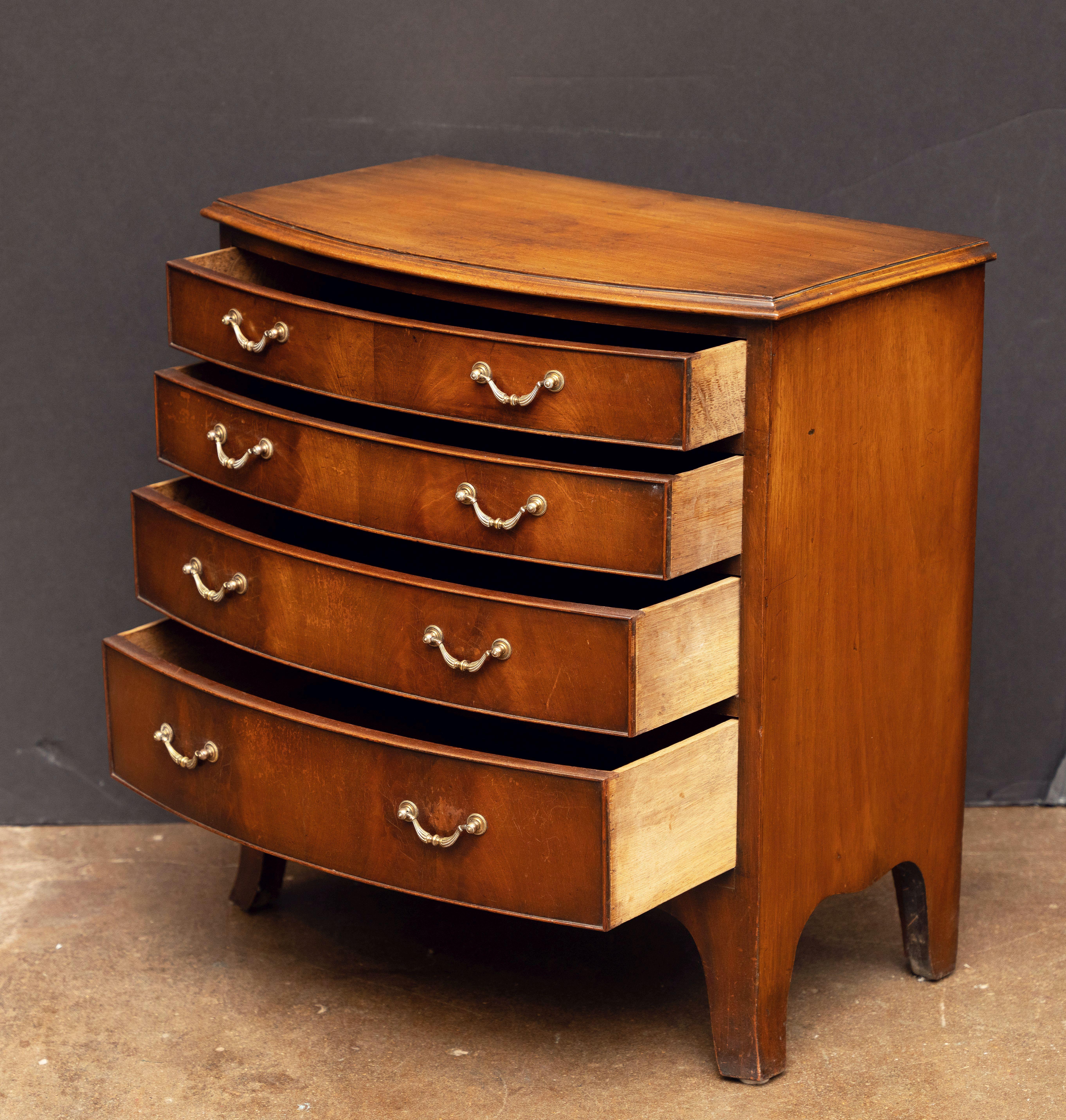 Metal English Bow Fronted Small Chest of Mahogany with Four Drawers For Sale