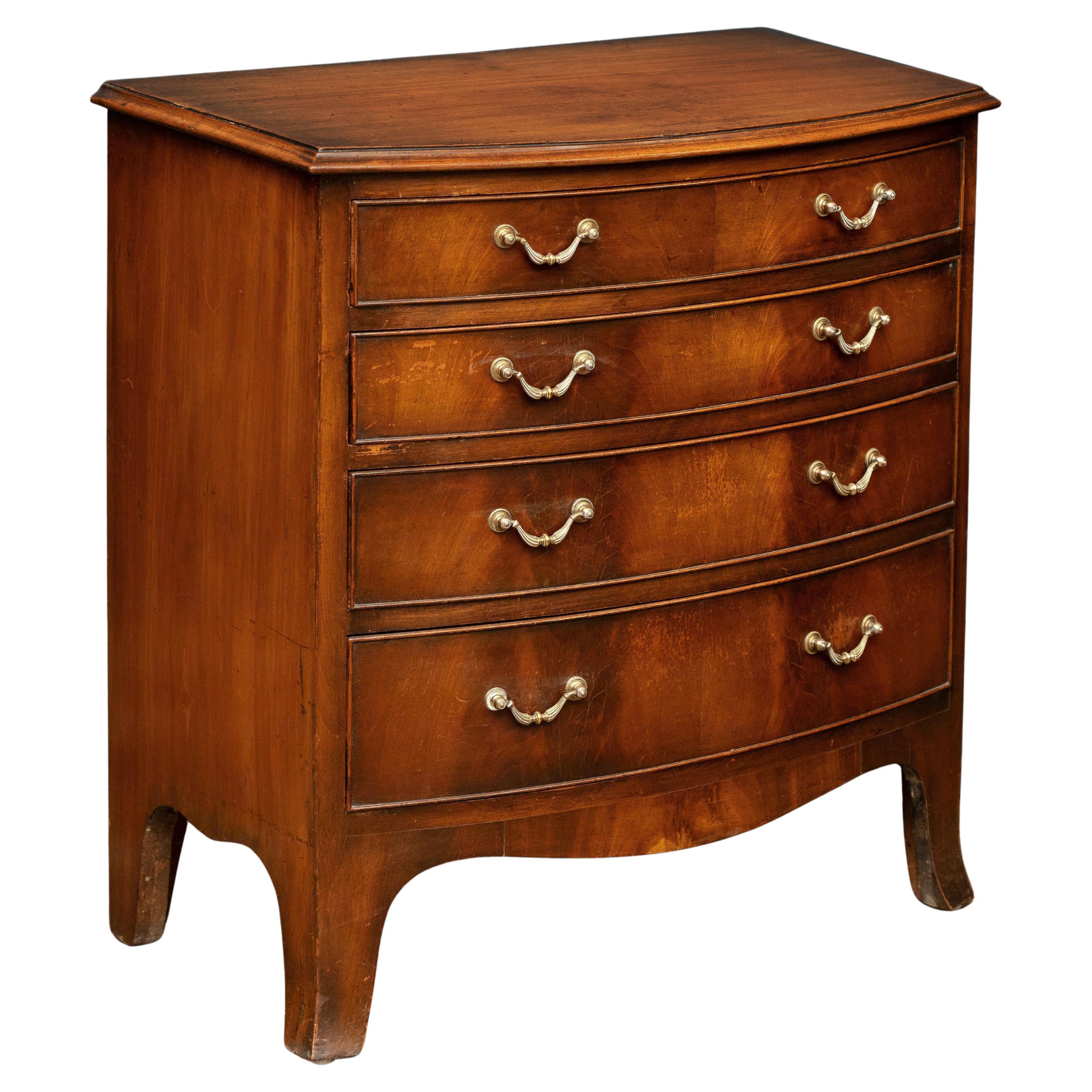 English Bow Fronted Small Chest of Mahogany with Four Drawers For Sale