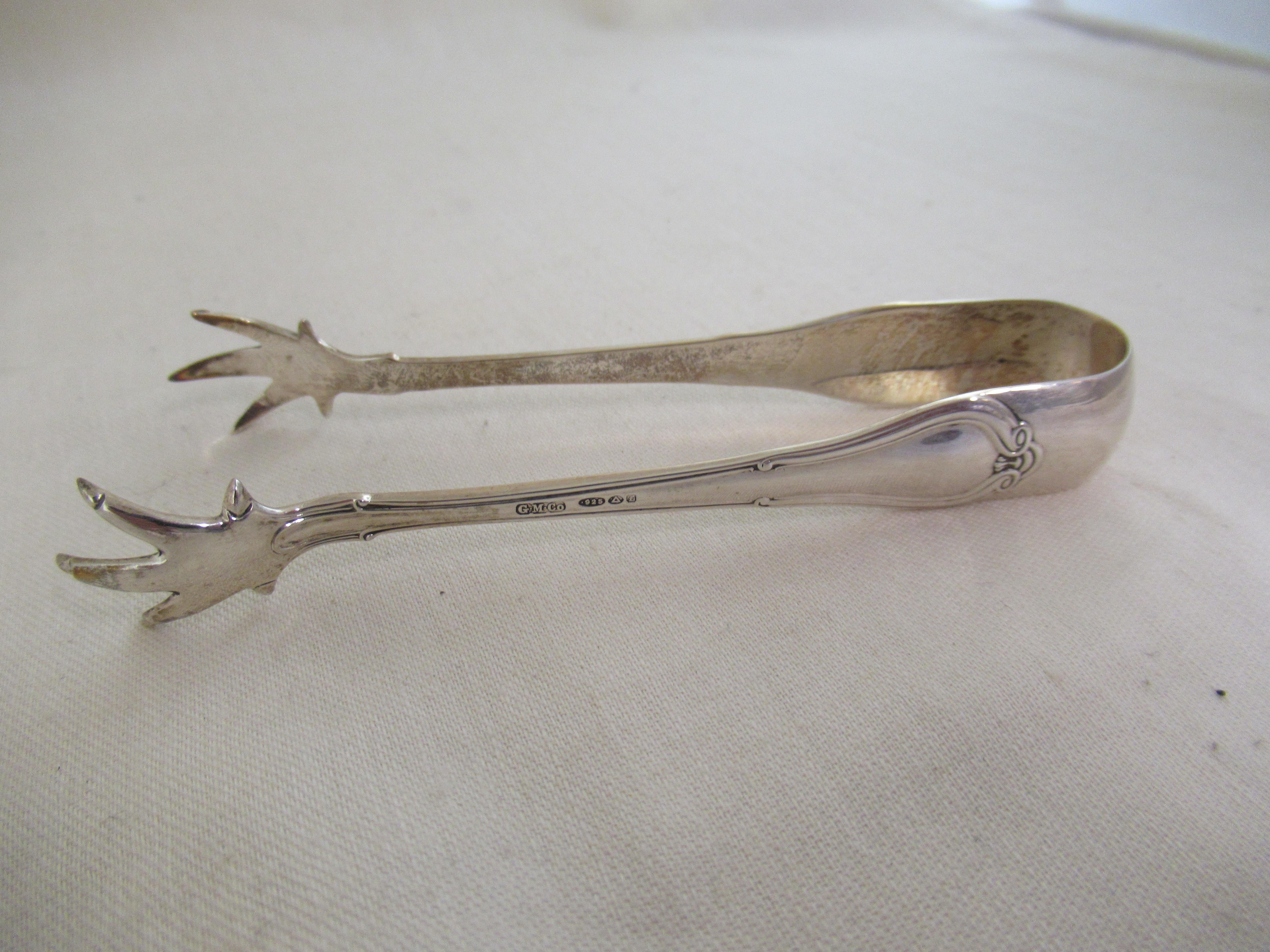 English Box of 12 STERLING SILVER  TEASPOONS + TONGS Hallmarked:-Birmingham 1904 For Sale 1
