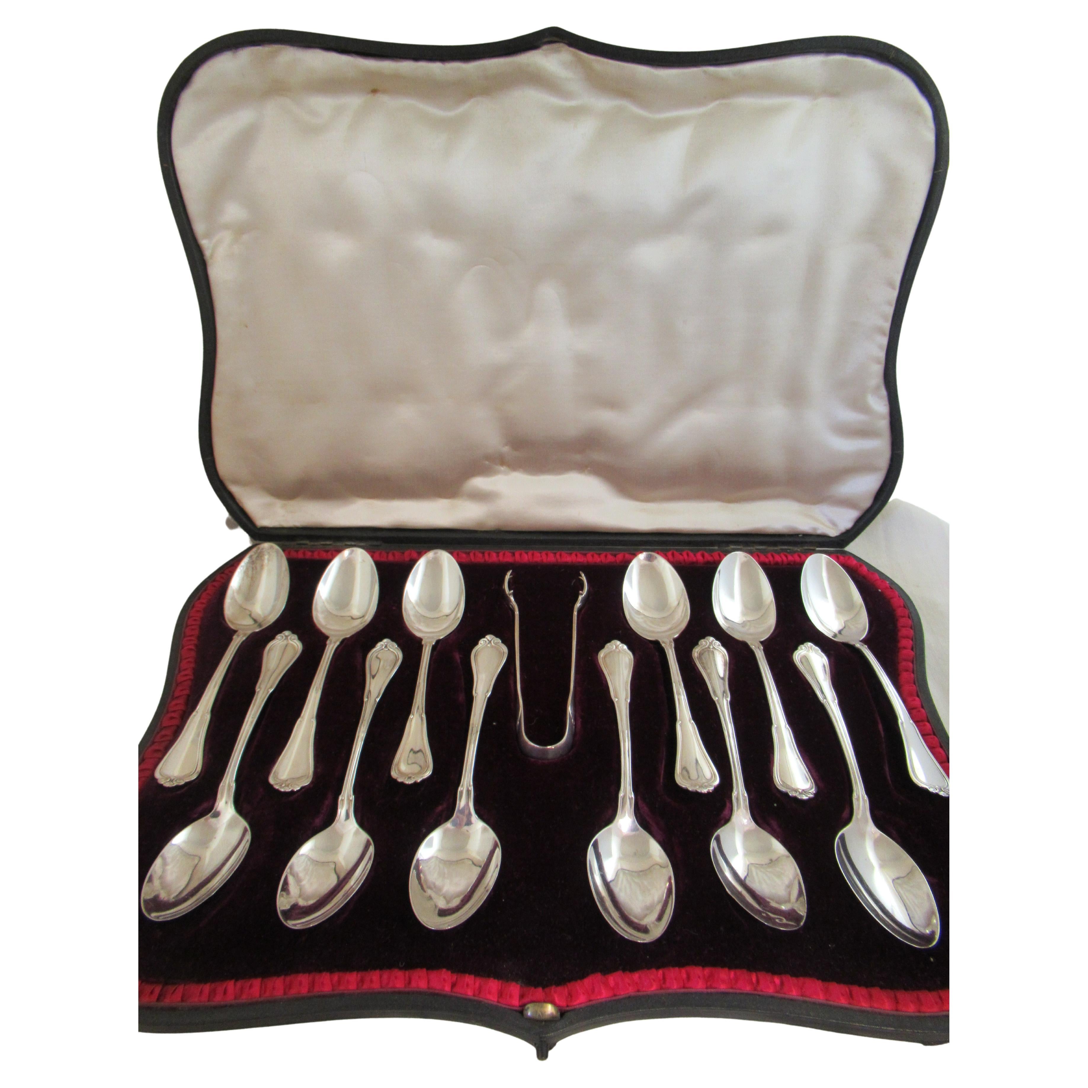 English Box of 12 STERLING SILVER  TEASPOONS + TONGS Hallmarked:-Birmingham 1904 For Sale