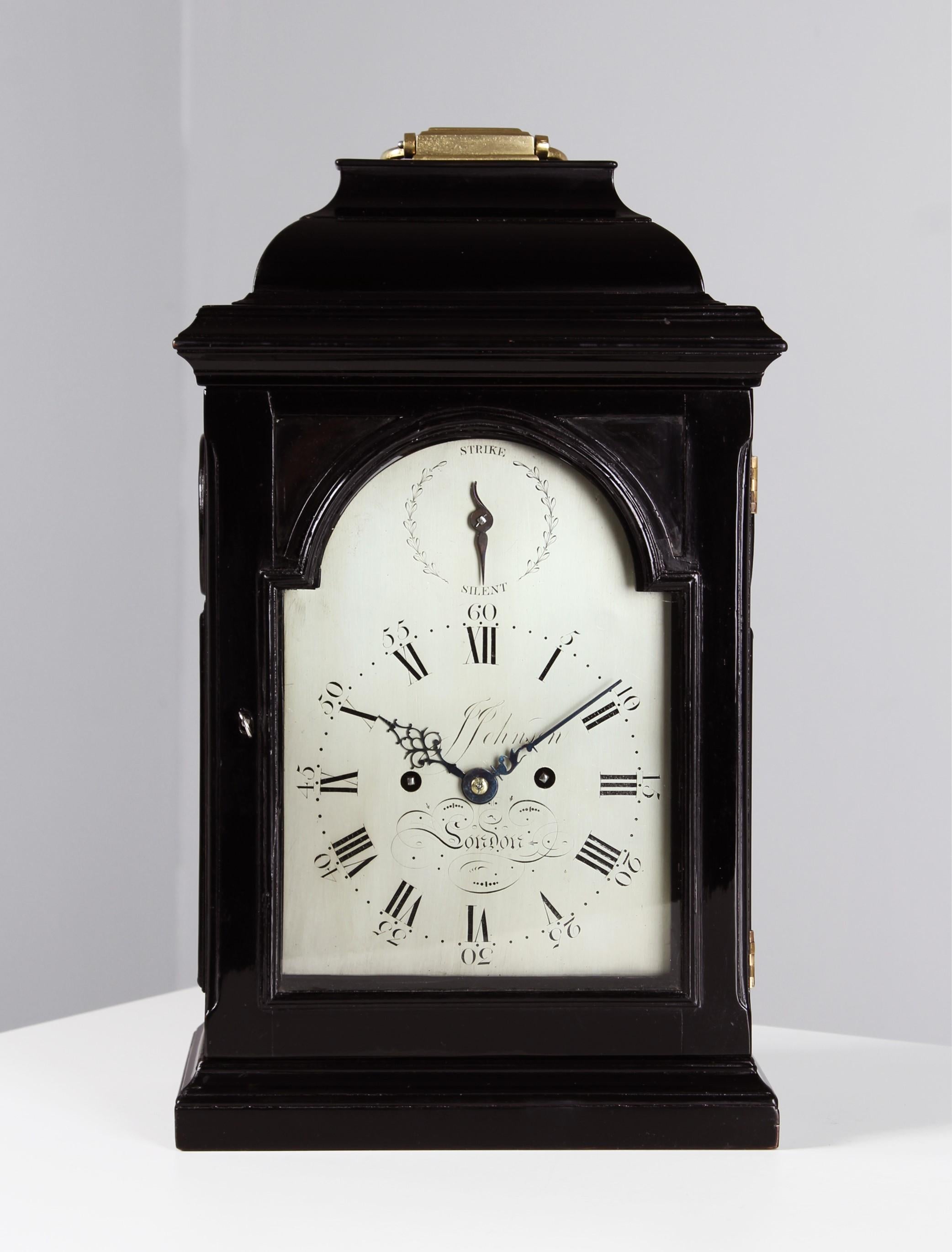 Brass English Bracket Clock with Silver Plated Dial, London, circa 1800 For Sale