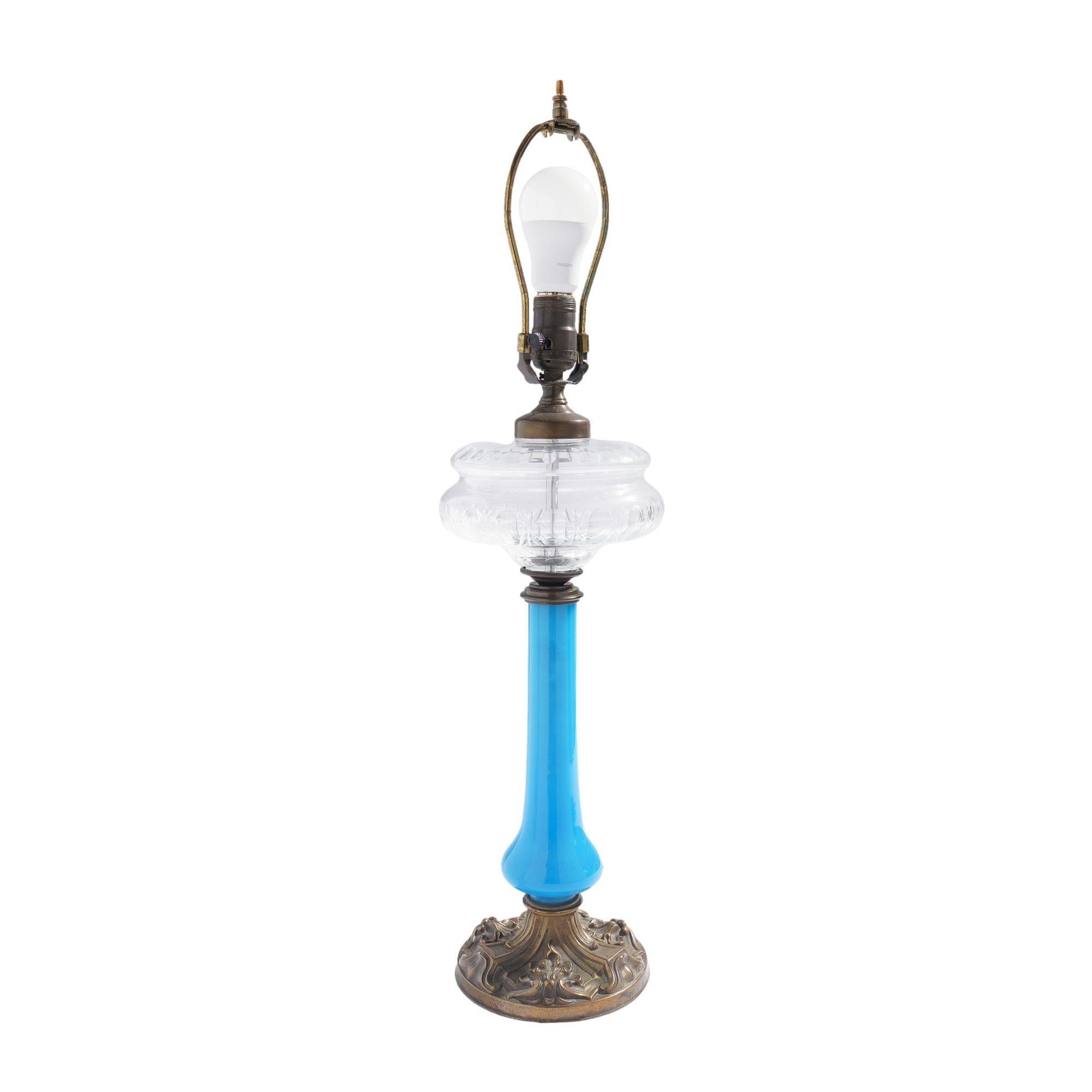 British English brass and blue opaline glass oil lamp, c. 1850 For Sale