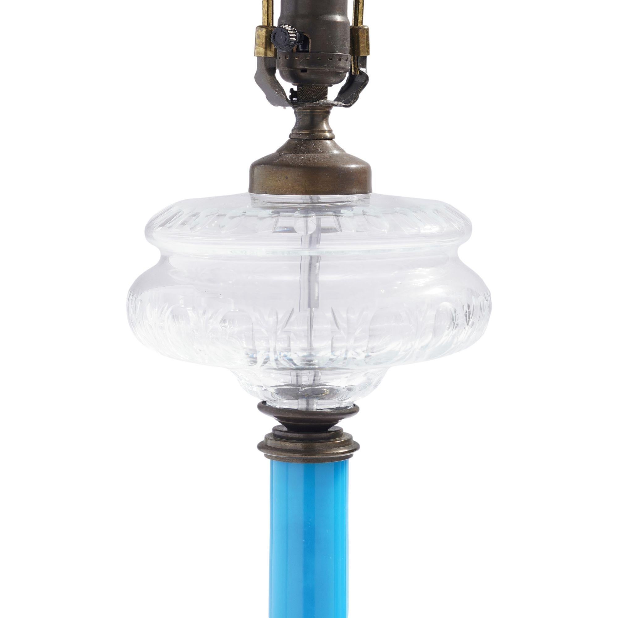 English brass and blue opaline glass oil lamp, c. 1850 In Good Condition For Sale In Kenilworth, IL