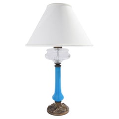 English brass and blue opaline glass oil lamp, c. 1850