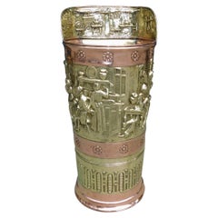 English Brass and Copper Embossed Umbrella Stand with Pub Scene, Circa 1870