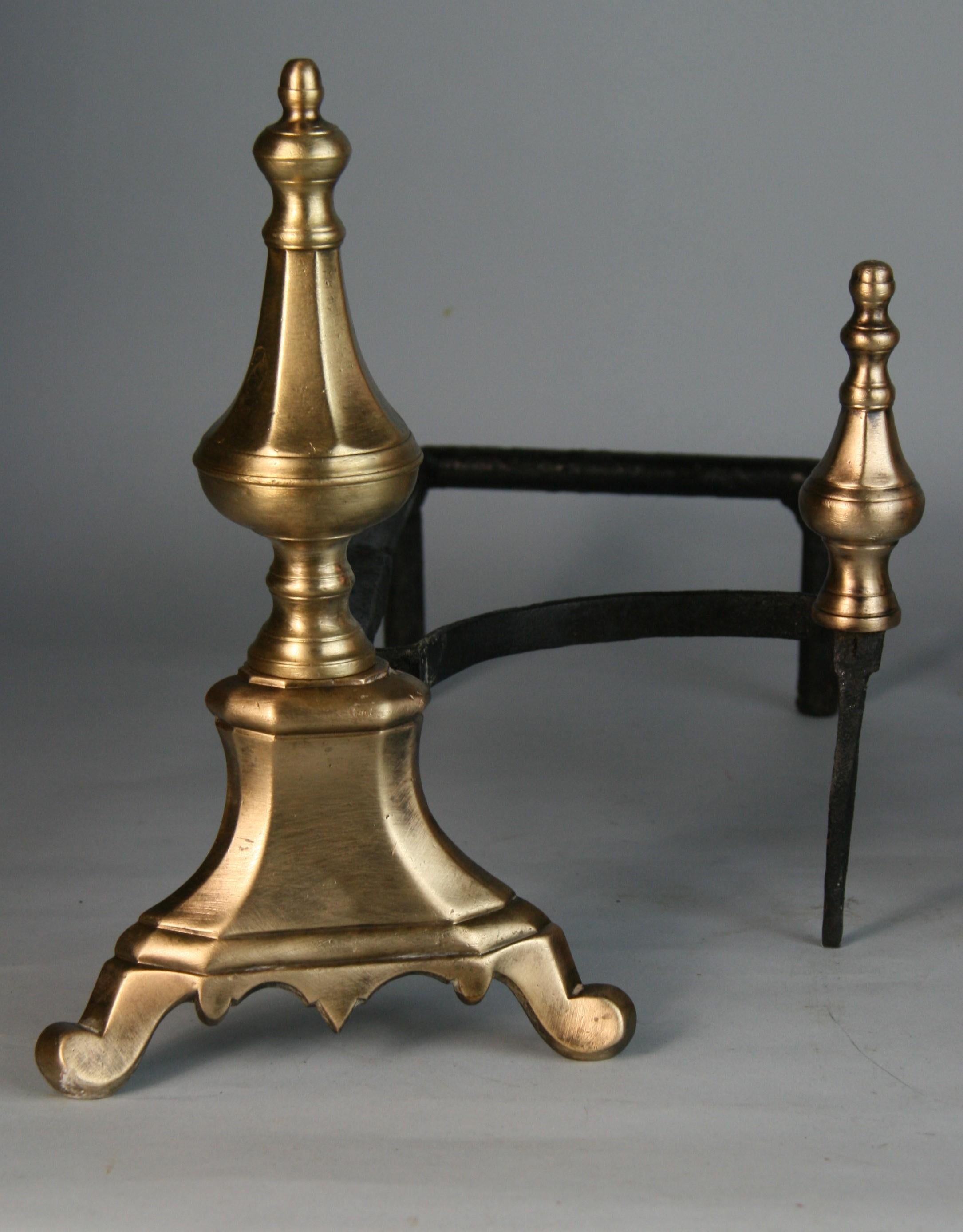 Hand-Crafted English Brass and Iron Hand Made Andirons For Sale