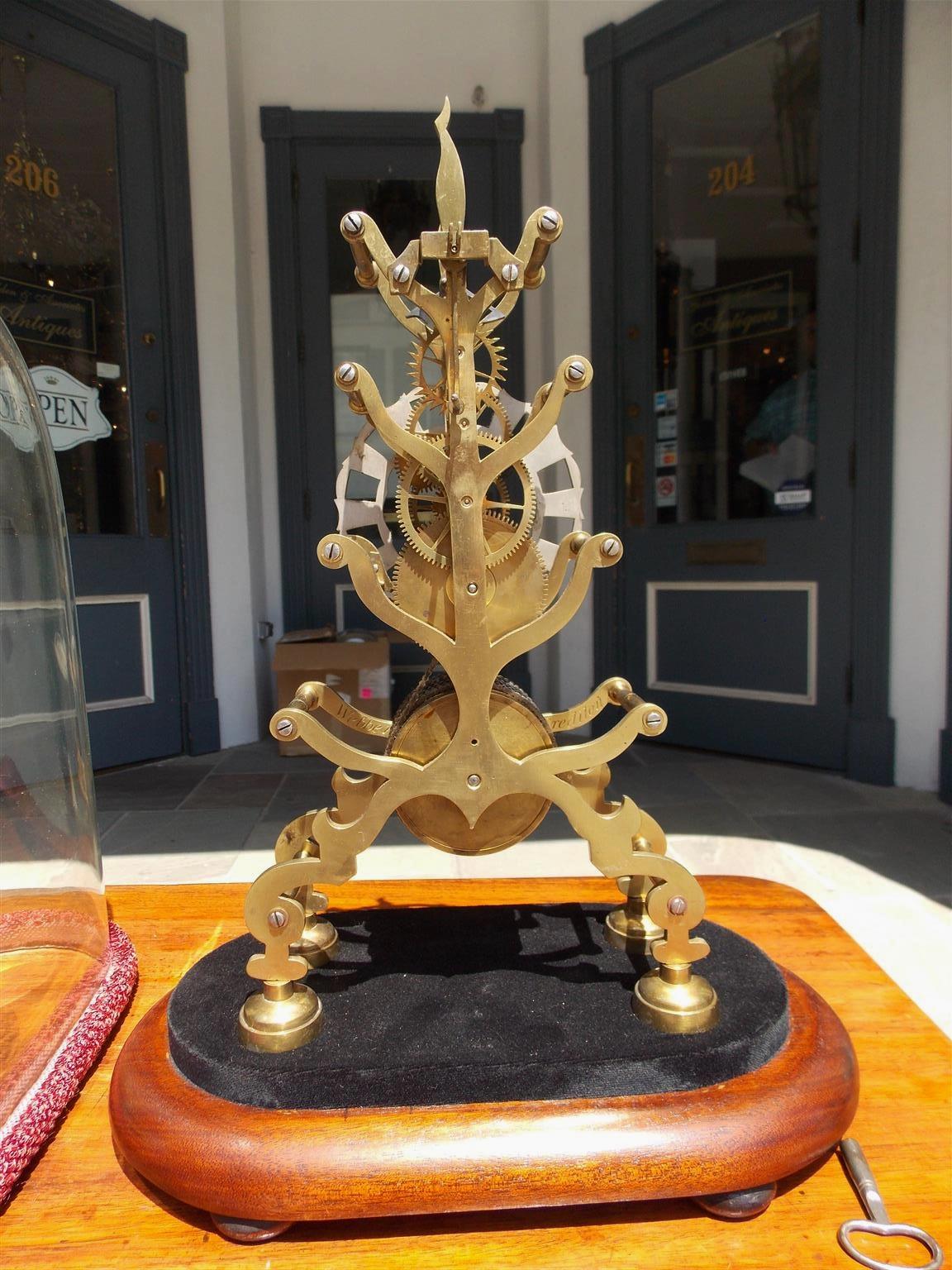 English Brass and Polished Steel Skeleton Clock Under Glass Dome Webber, C. 1870 For Sale 3