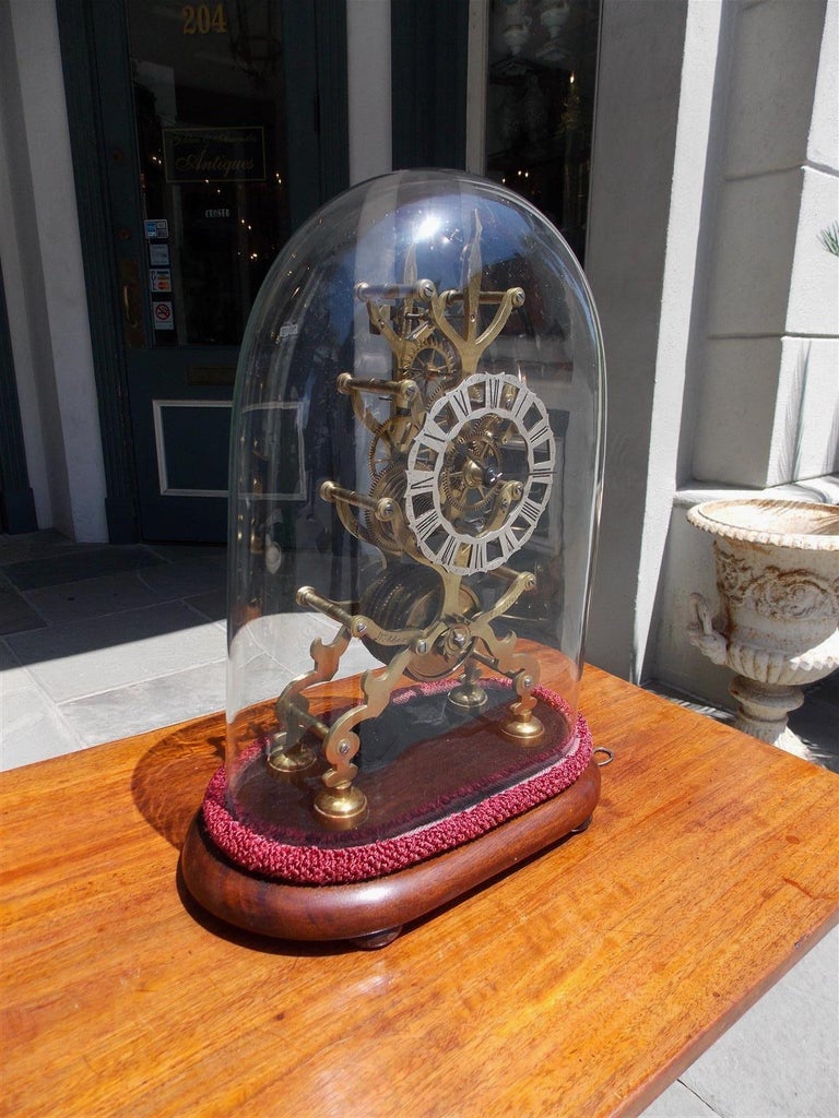 English Brass and Polished Steel Skeleton Clock Under Glass Dome ber