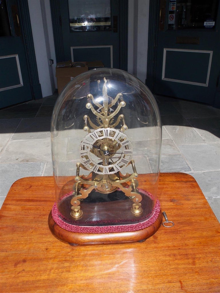 English Brass and Polished Steel Skeleton Clock Under Glass Dome ber