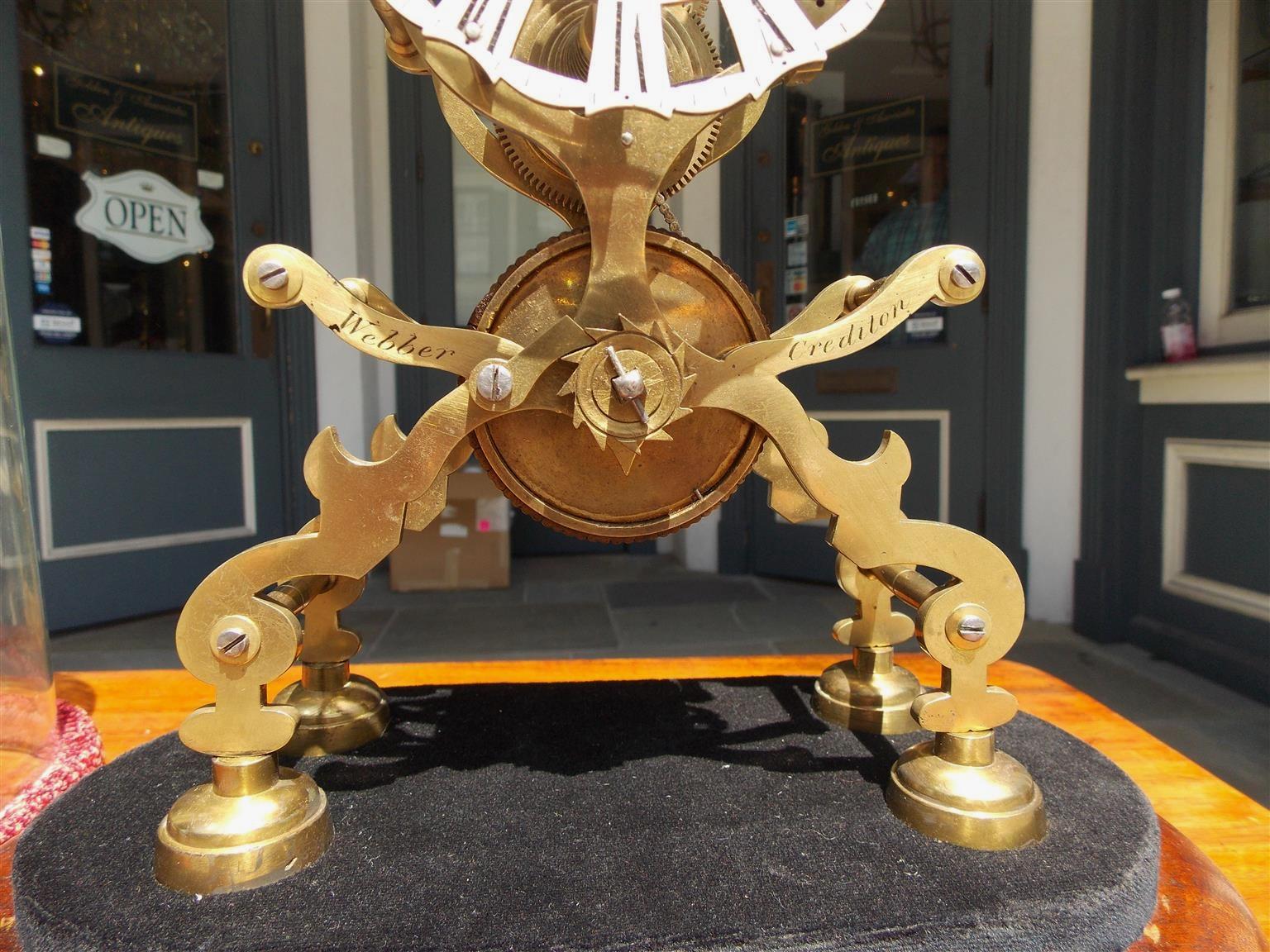 Hand-Carved English Brass and Polished Steel Skeleton Clock Under Glass Dome Webber, C. 1870 For Sale