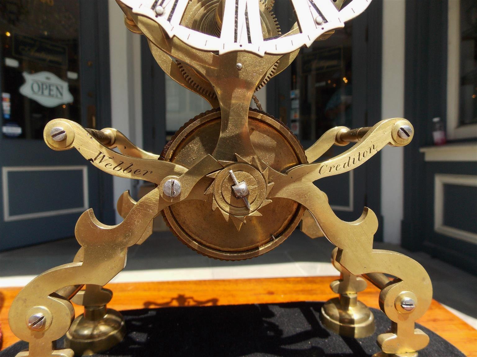 Late 19th Century English Brass and Polished Steel Skeleton Clock Under Glass Dome Webber, C. 1870 For Sale