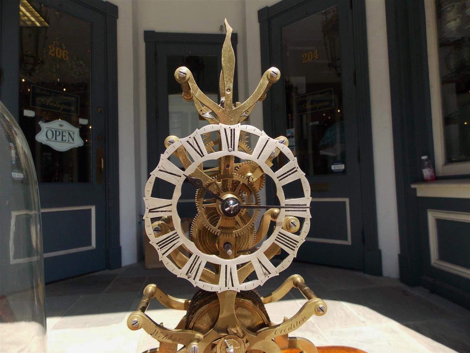 English Brass and Polished Steel Skeleton Clock Under Glass Dome Webber, C. 1870 For Sale 1