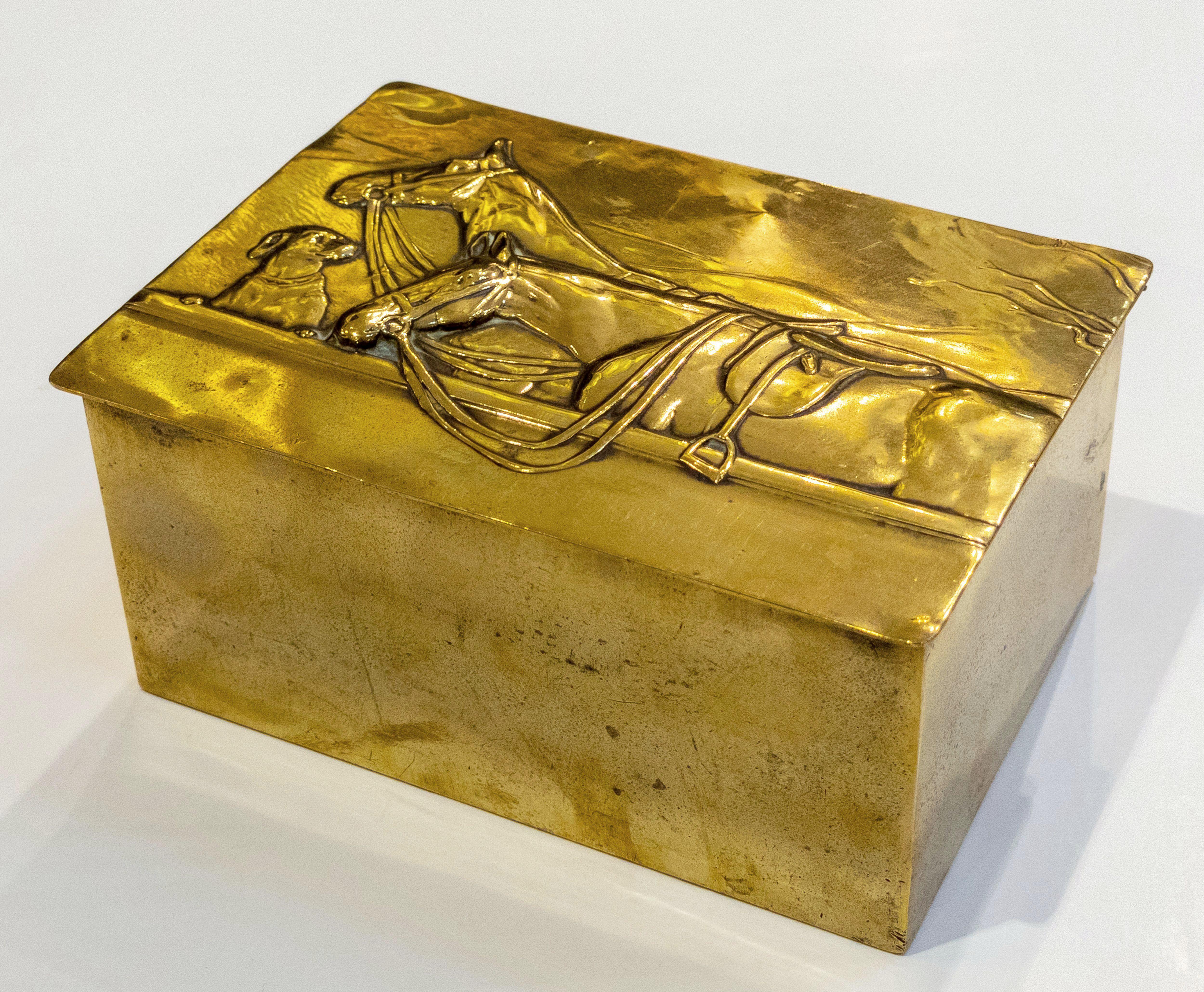 English Brass and Wood Lined Cigarette Box with Embossed Lid of Horses and Dog 4
