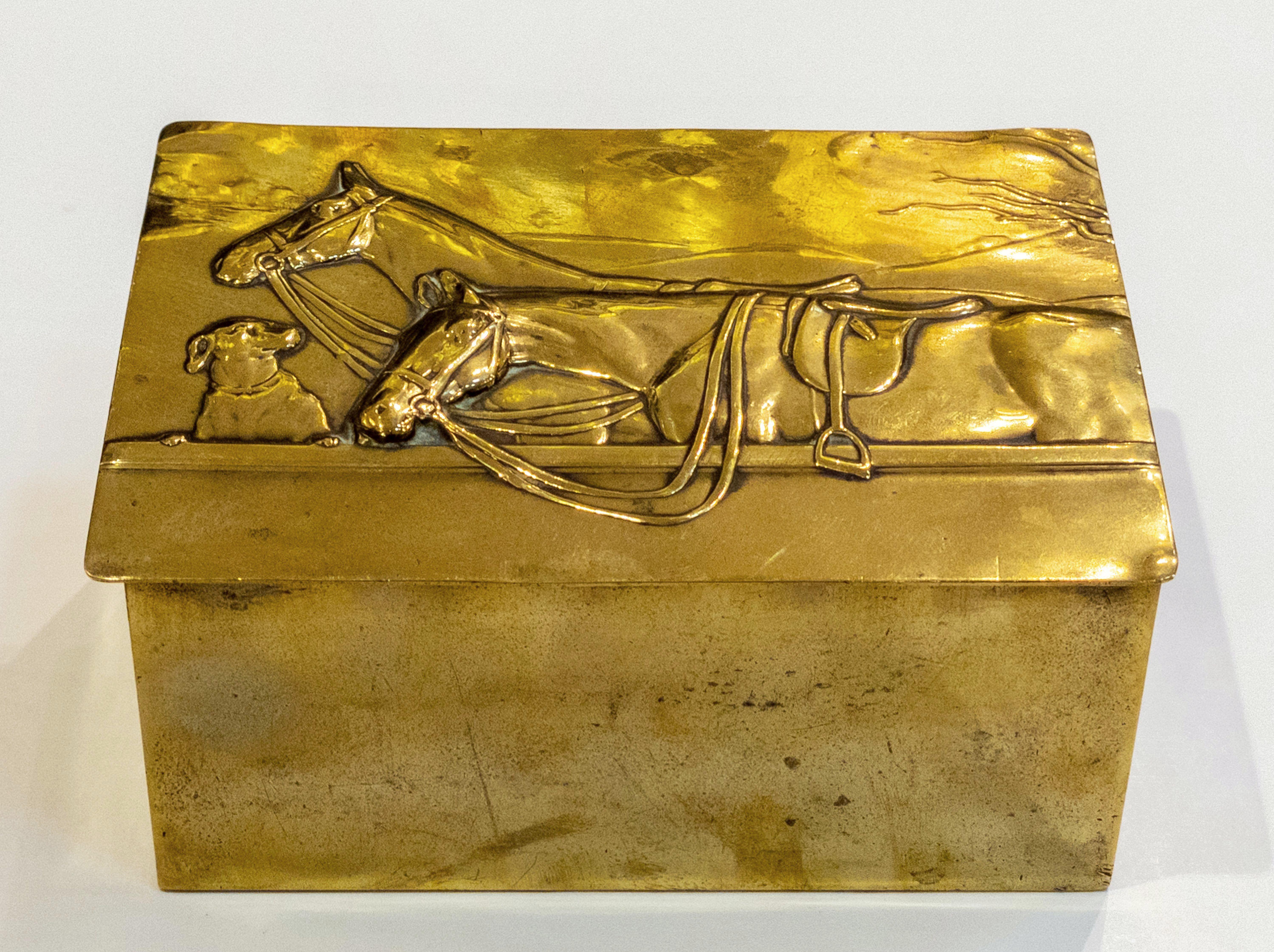 English Brass and Wood Lined Cigarette Box with Embossed Lid of Horses and Dog 5