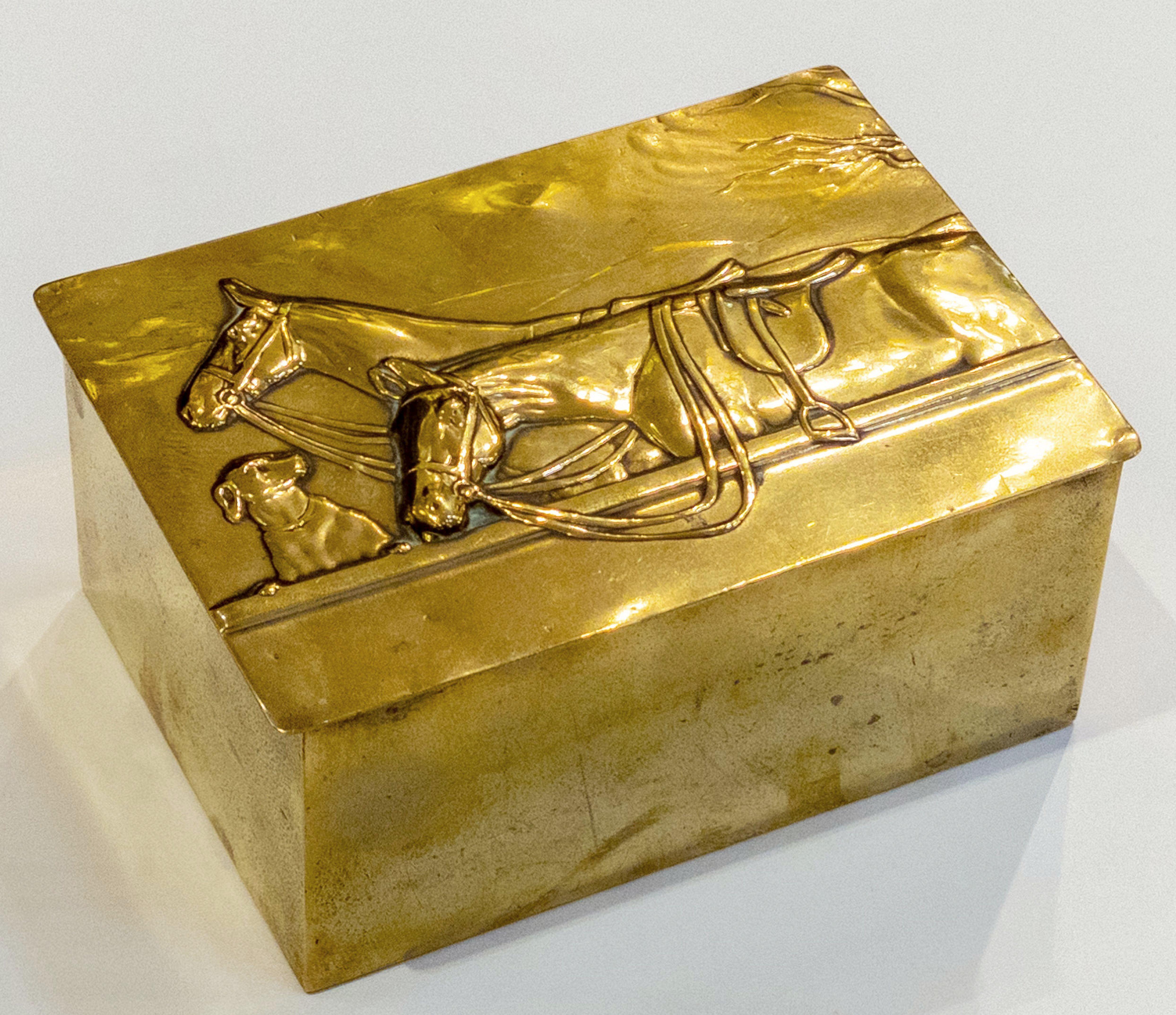 English Brass and Wood Lined Cigarette Box with Embossed Lid of Horses and Dog 6