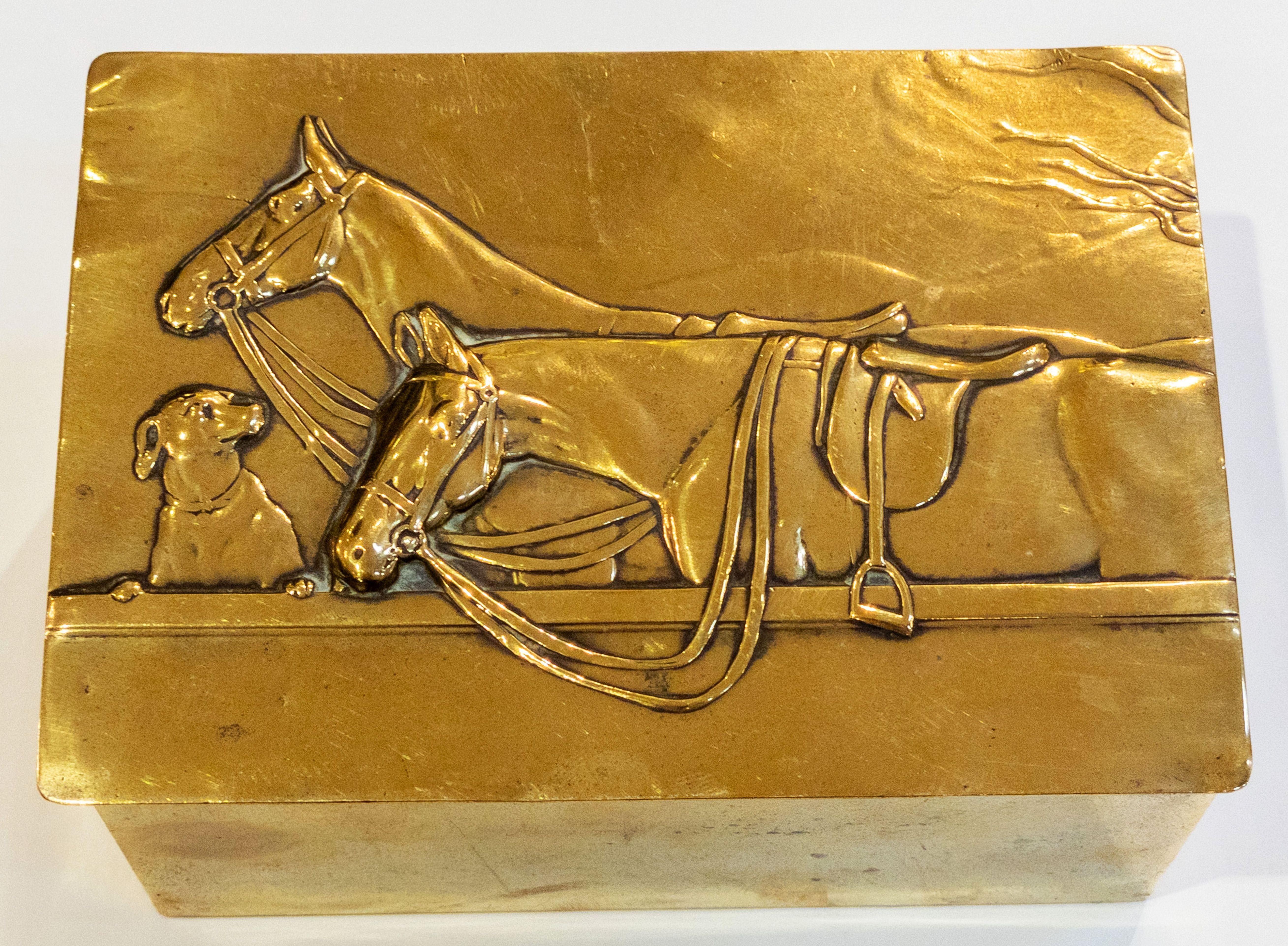 English Brass and Wood Lined Cigarette Box with Embossed Lid of Horses and Dog 7