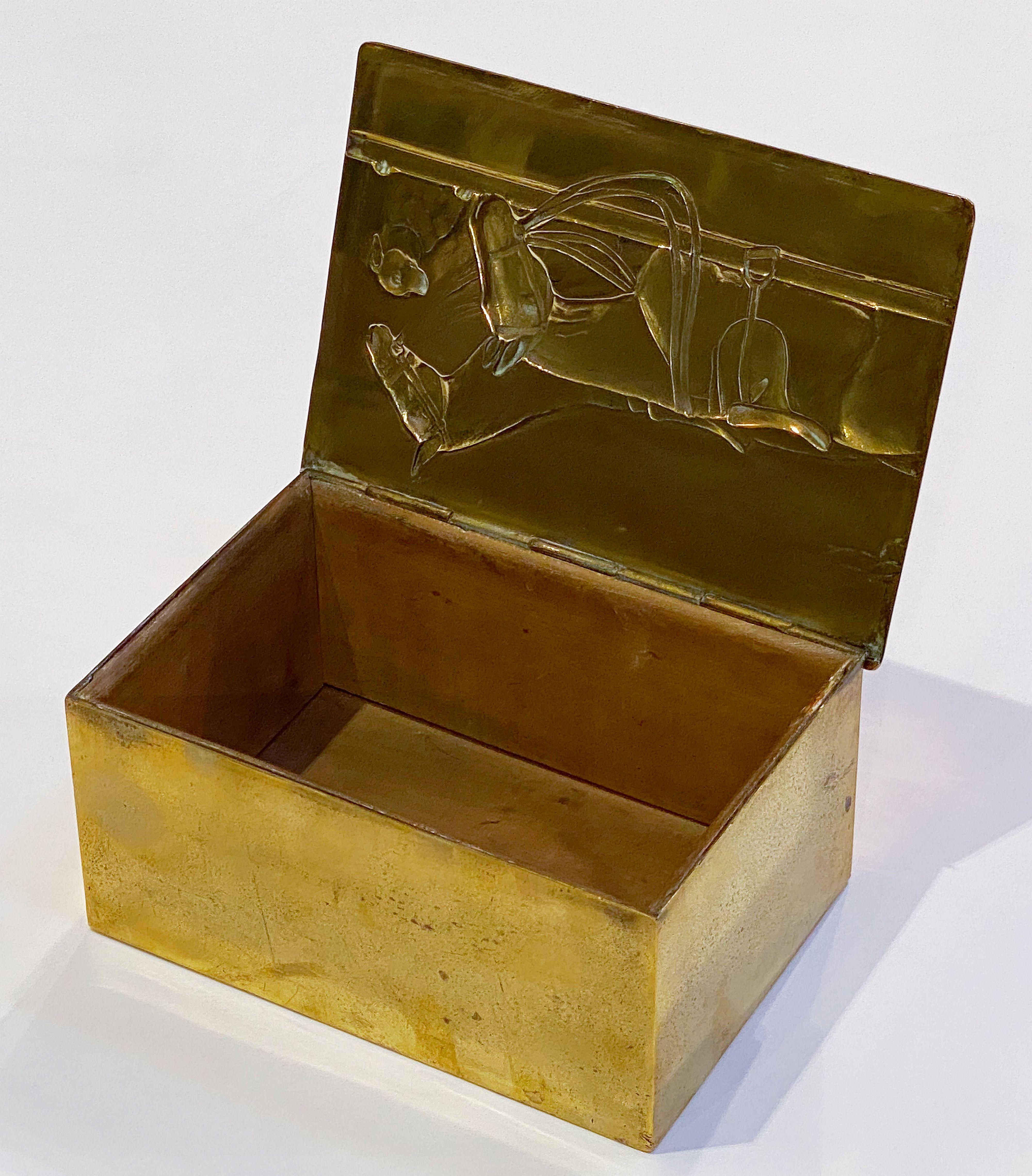 Metal English Brass and Wood Lined Cigarette Box with Embossed Lid of Horses and Dog