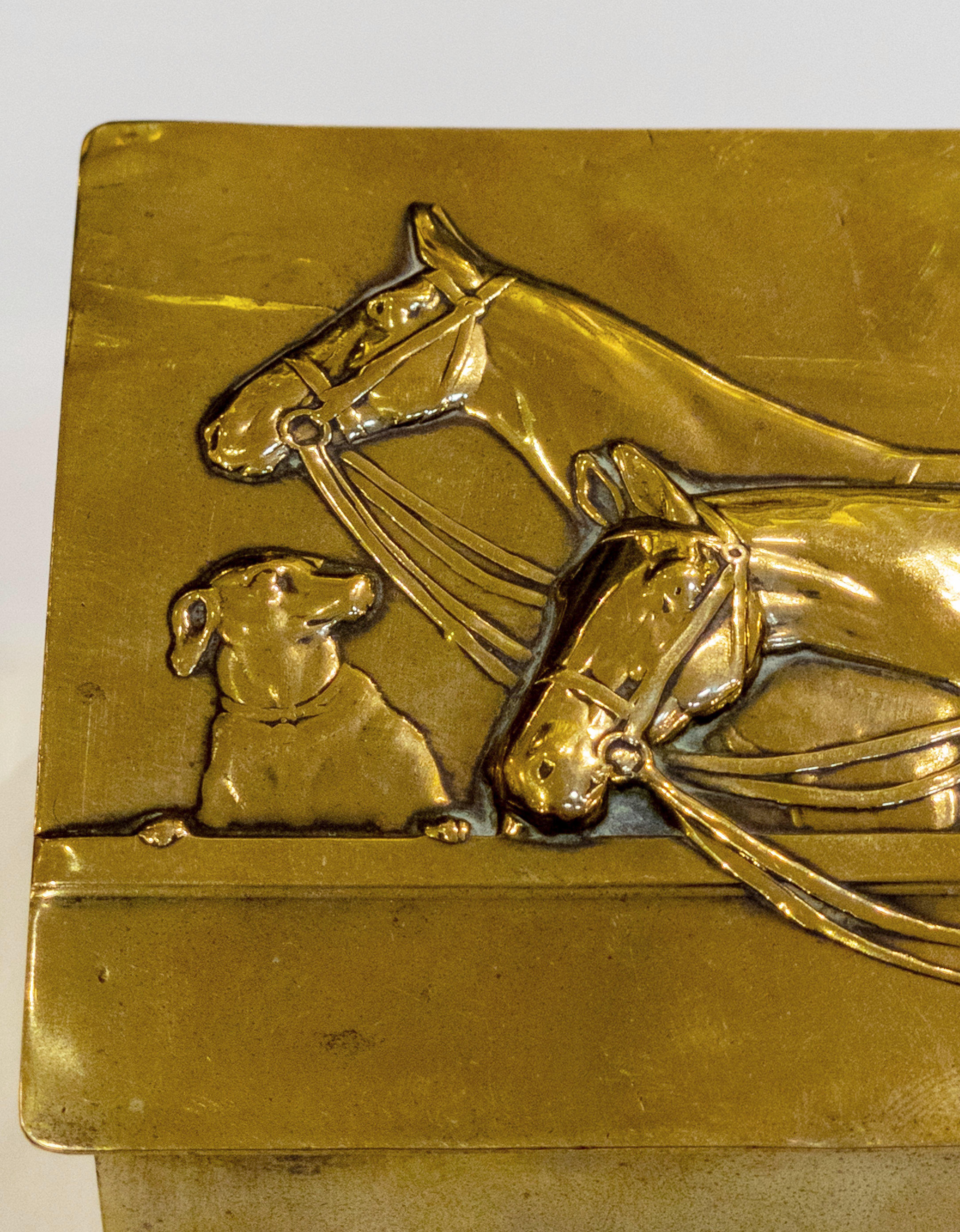 English Brass and Wood Lined Cigarette Box with Embossed Lid of Horses and Dog 1