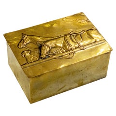 English Brass and Wood Lined Cigarette Box with Embossed Lid of Horses and Dog