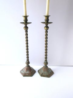 English Brass Barley Twist Candlestick Holders, Pair, Circa Late-19th Century