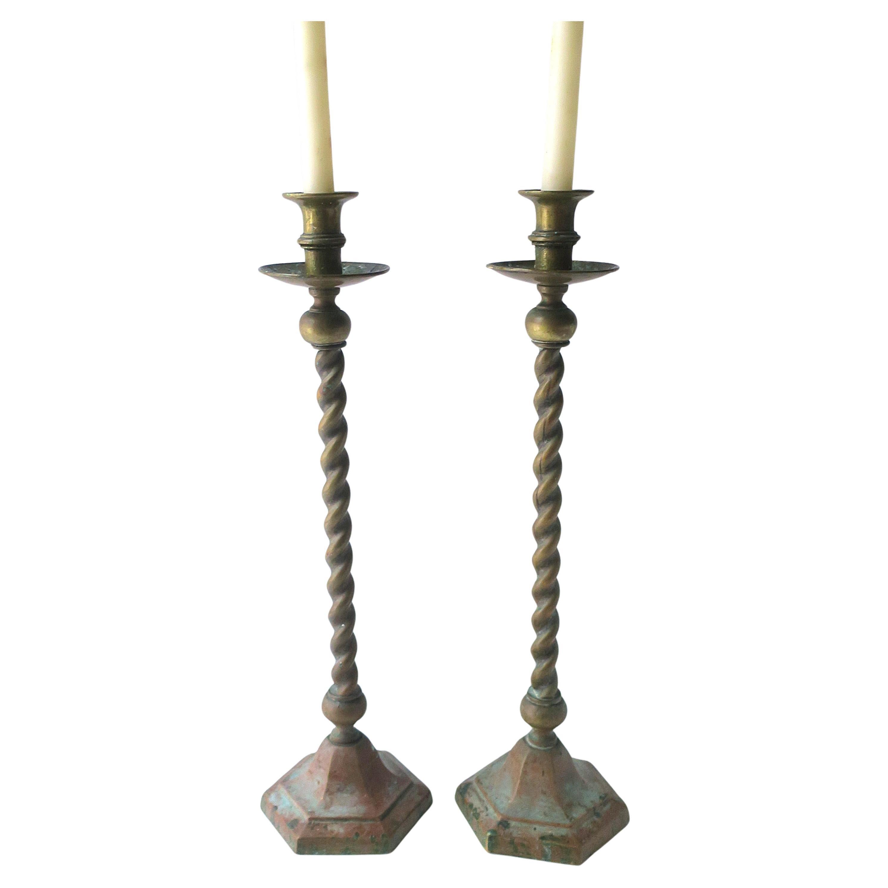 English Brass Barley Twist Candlestick Holders, Pair, Circa Late-19th Century