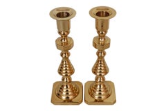 English Brass Beehive Candlestick Holders, a Pair