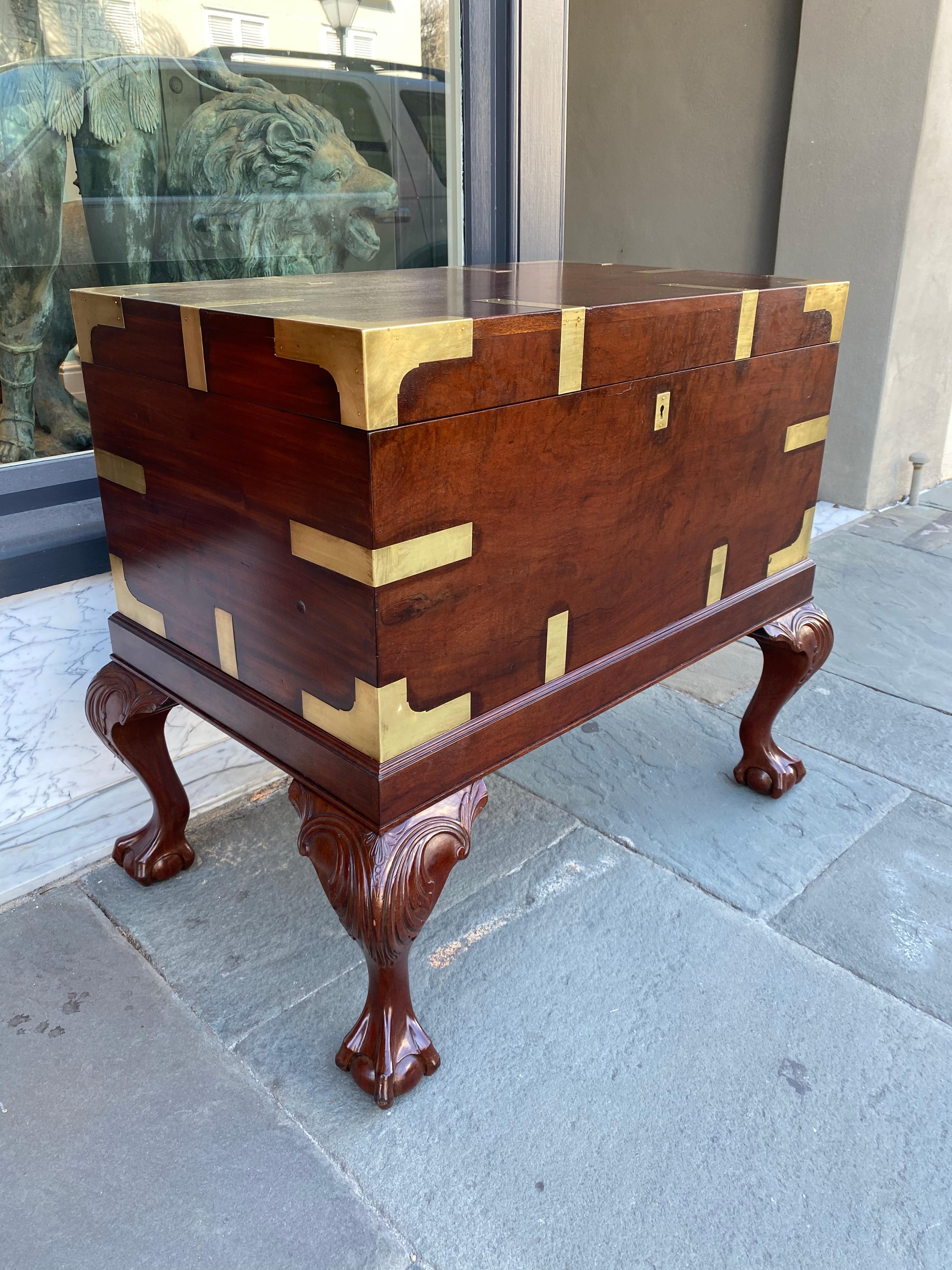 English Brass Bound Campaign Box on Mahogany Stand In Good Condition In Charleston, SC
