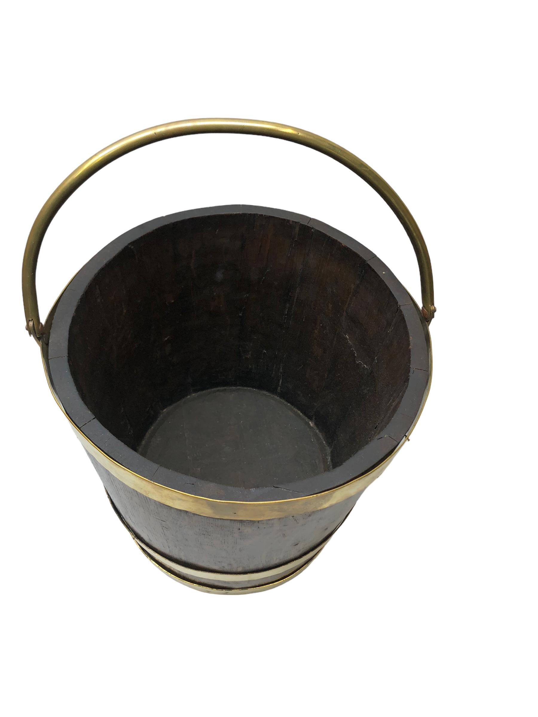 Early 20th Century English Brass Bound Oak Peat Bucket For Sale