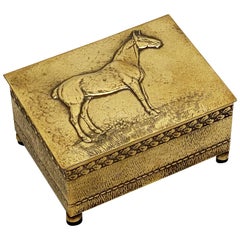 Antique English Brass Clad Box with Embossed Relief of Horse