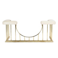 English brass club fire fender with upholstered leather seat rail, 1890-1910