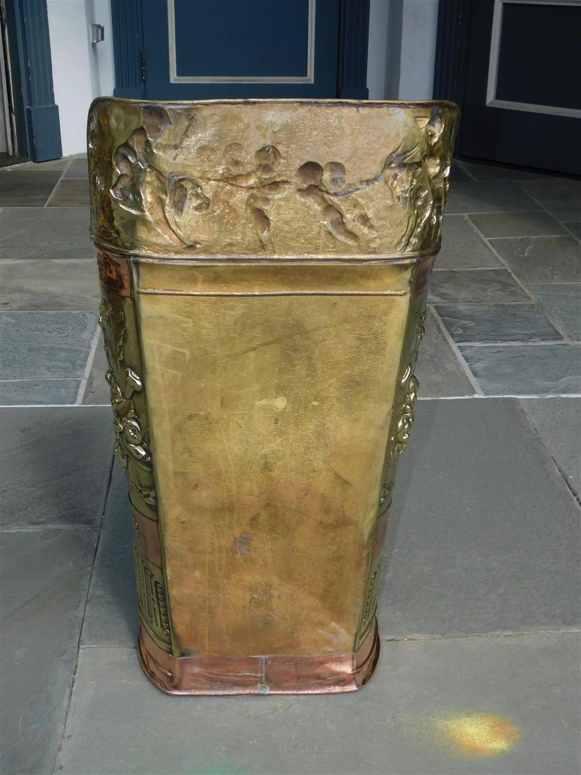 English Brass & Copper Figural Foliage Medallion Embossed Umbrella Stand, C 1870 For Sale 5