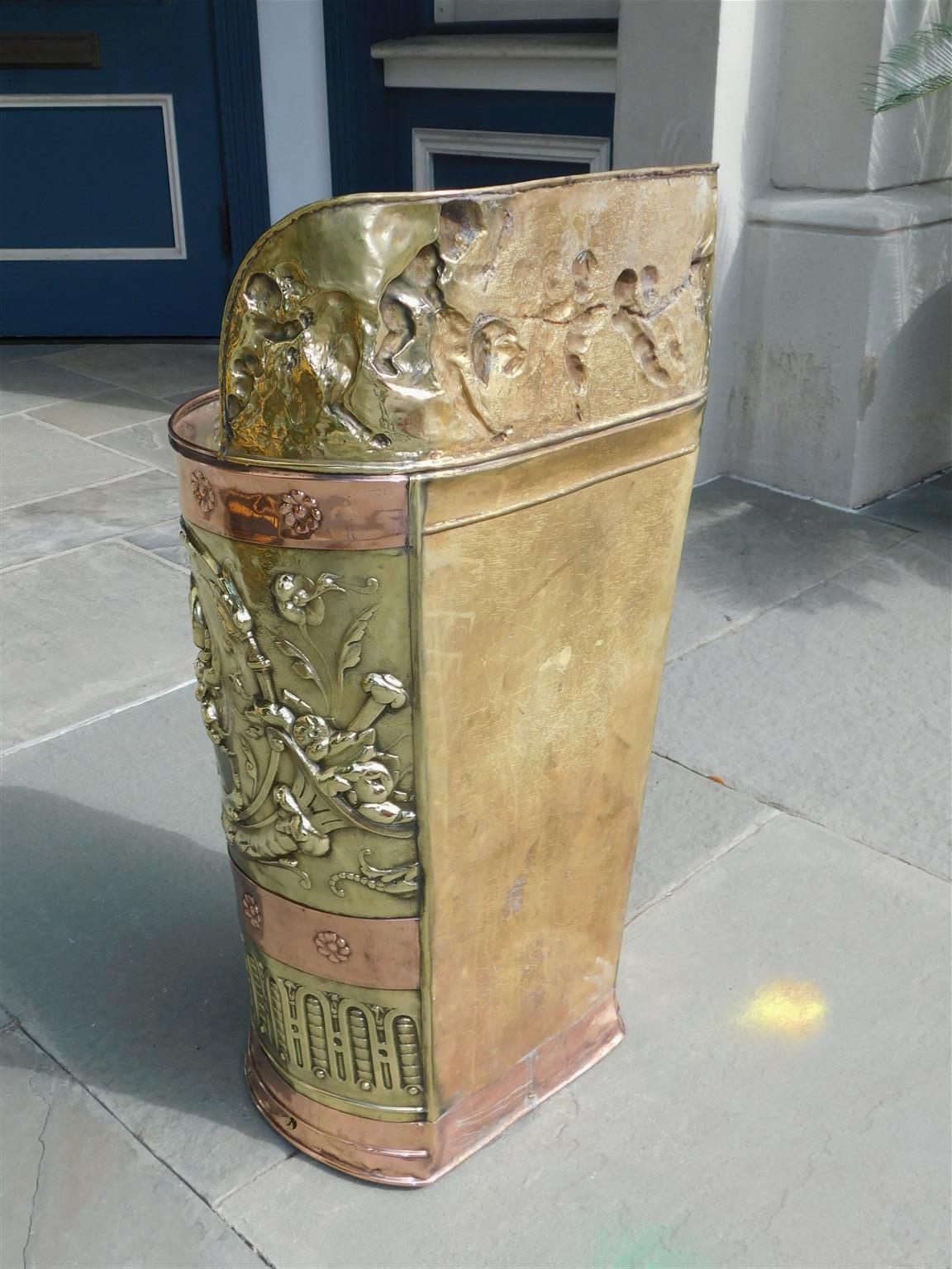 English Brass & Copper Figural Foliage Medallion Embossed Umbrella Stand, C 1870 For Sale 6