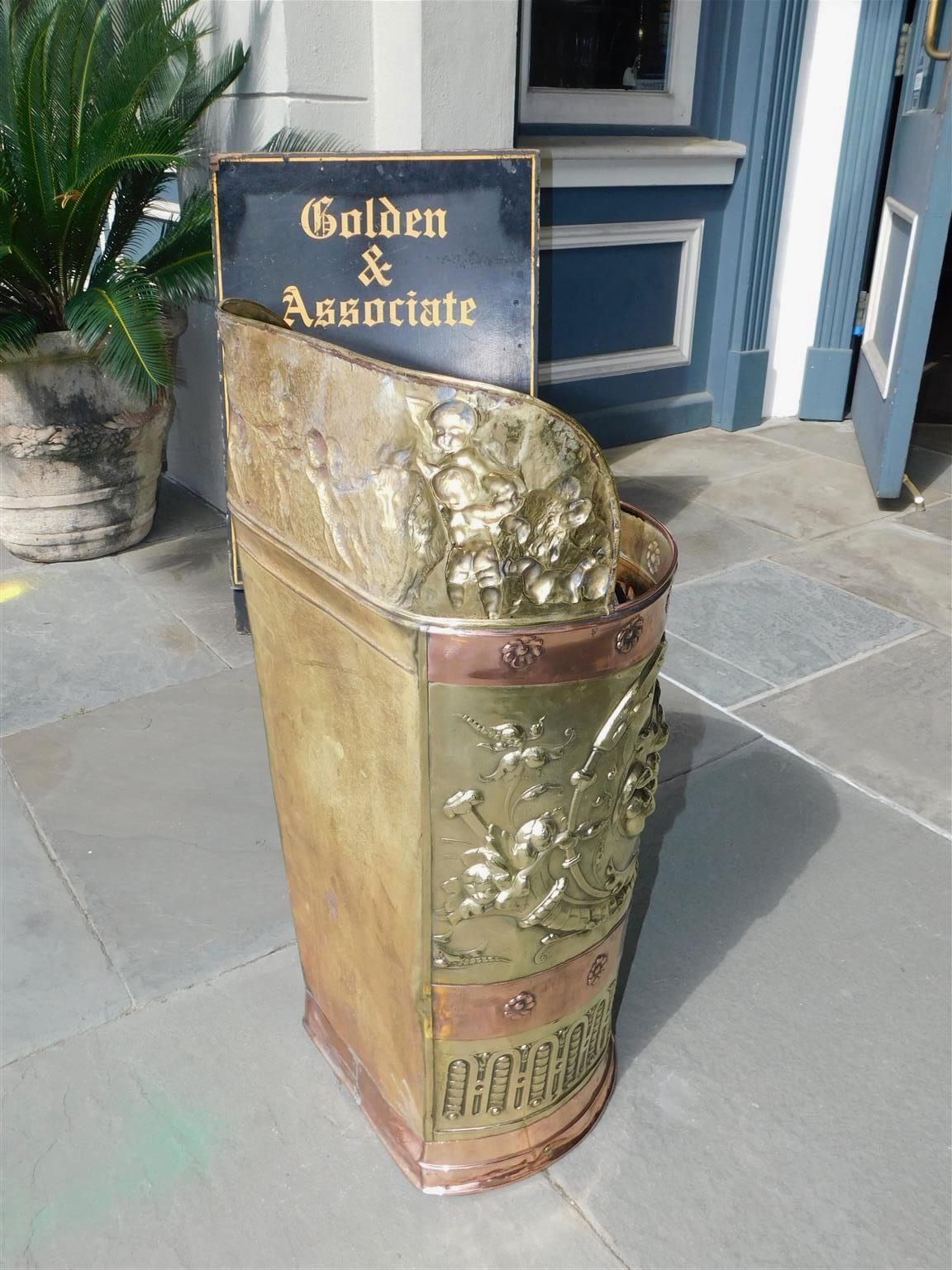 English Brass & Copper Figural Foliage Medallion Embossed Umbrella Stand, C 1870 For Sale 7