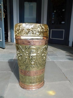 English Brass & Copper Figural Foliage Medallion Embossed Umbrella Stand, C 1870