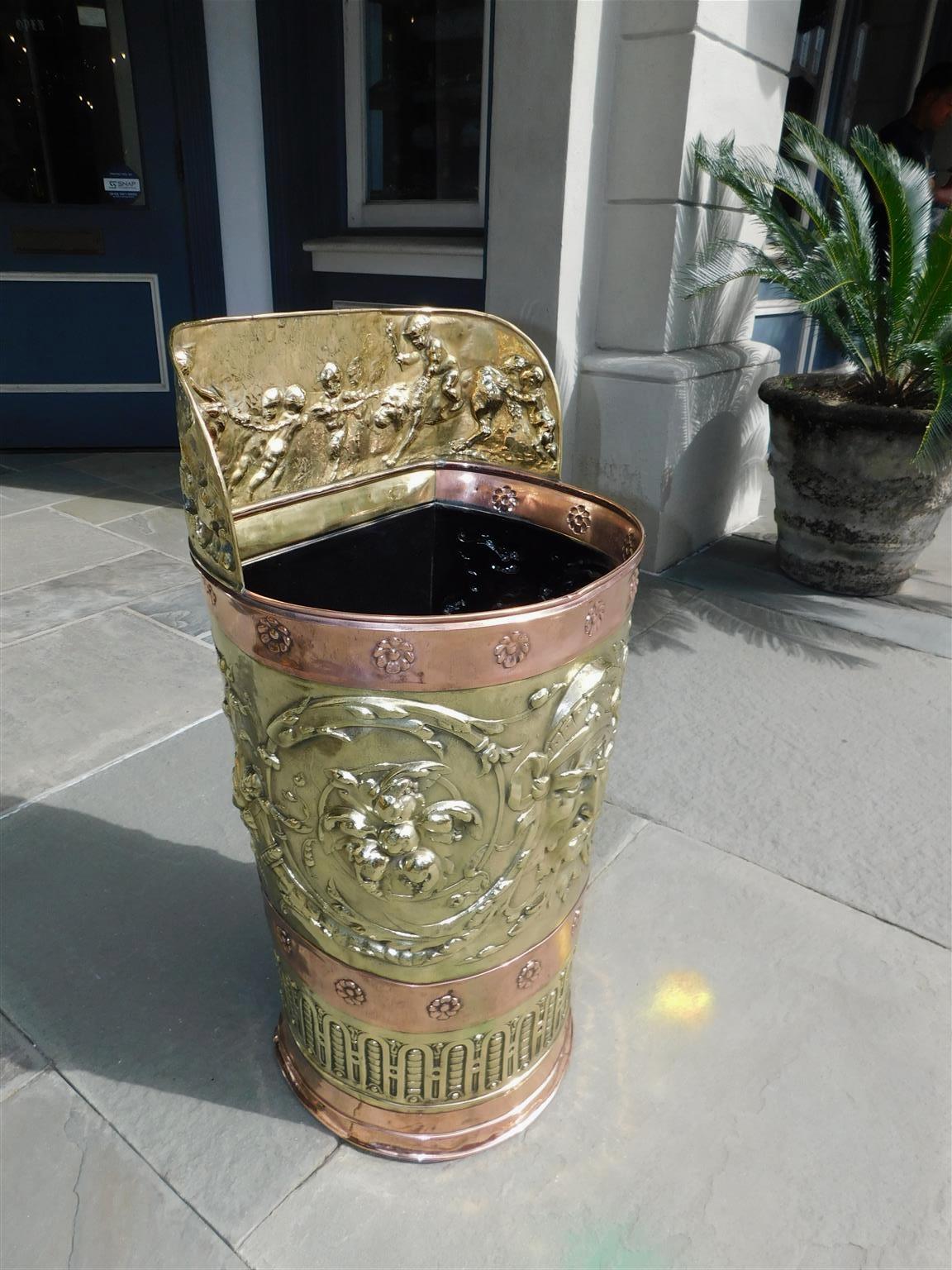 Victorian English Brass & Copper Figural Foliage Medallion Embossed Umbrella Stand, C 1870 For Sale