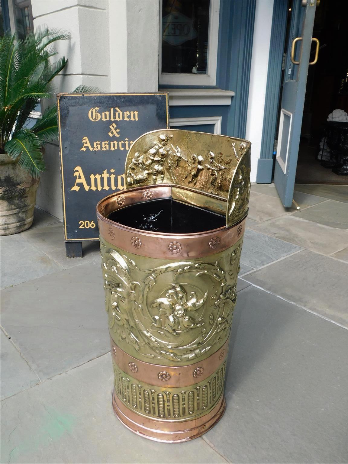 English Brass & Copper Figural Foliage Medallion Embossed Umbrella Stand, C 1870 In Excellent Condition For Sale In Hollywood, SC