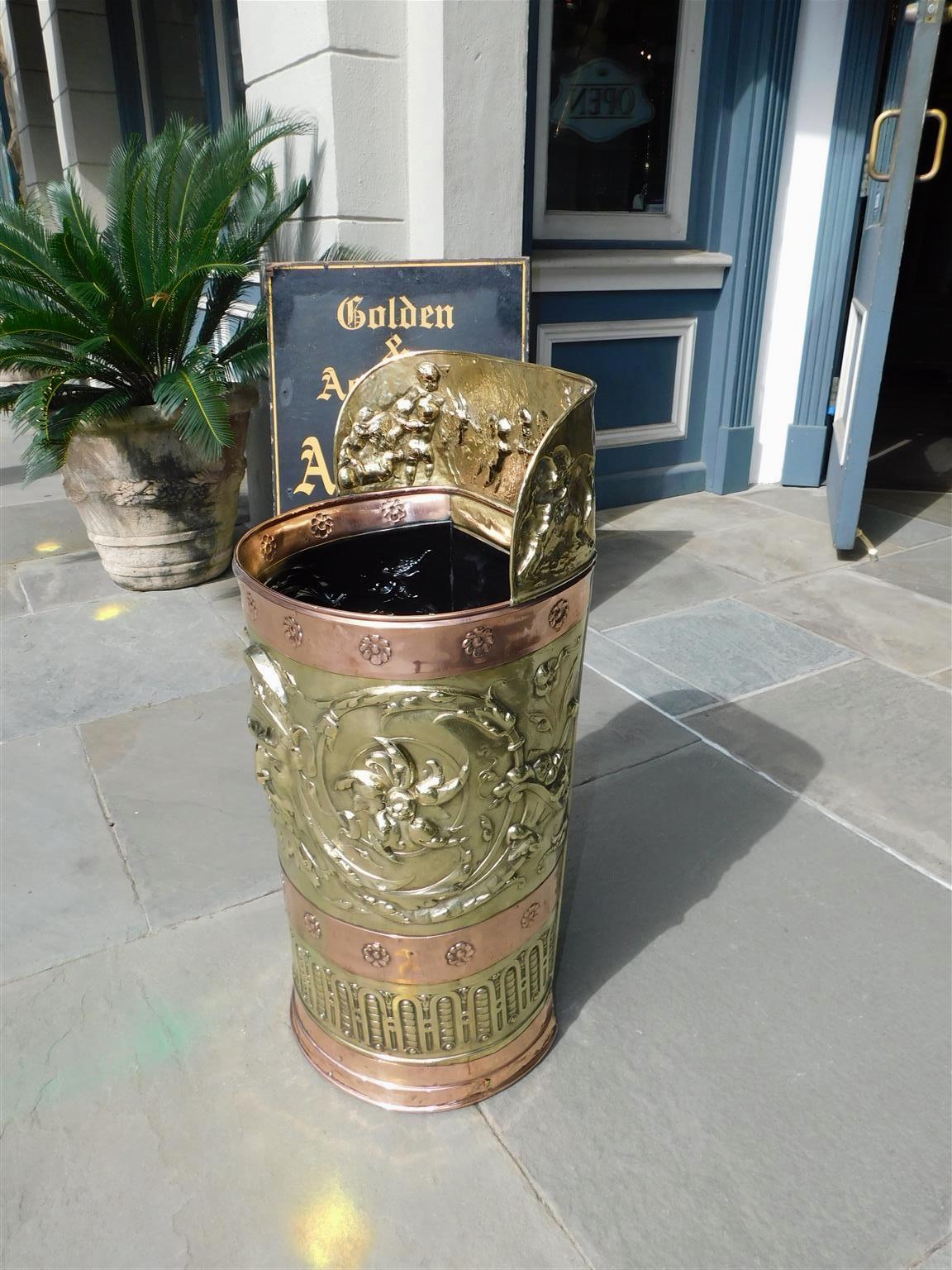 Late 19th Century English Brass & Copper Figural Foliage Medallion Embossed Umbrella Stand, C 1870 For Sale